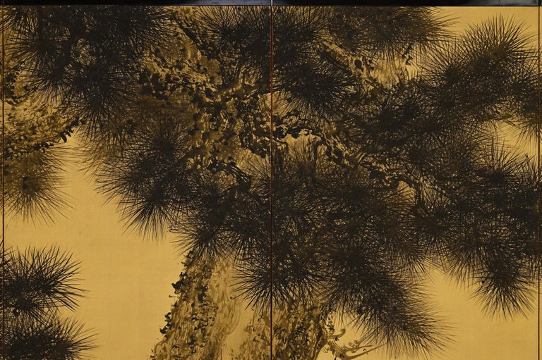 Showa Early 20th Century Japanese Screen Pair - Ink Pine Trees on Gold For Sale