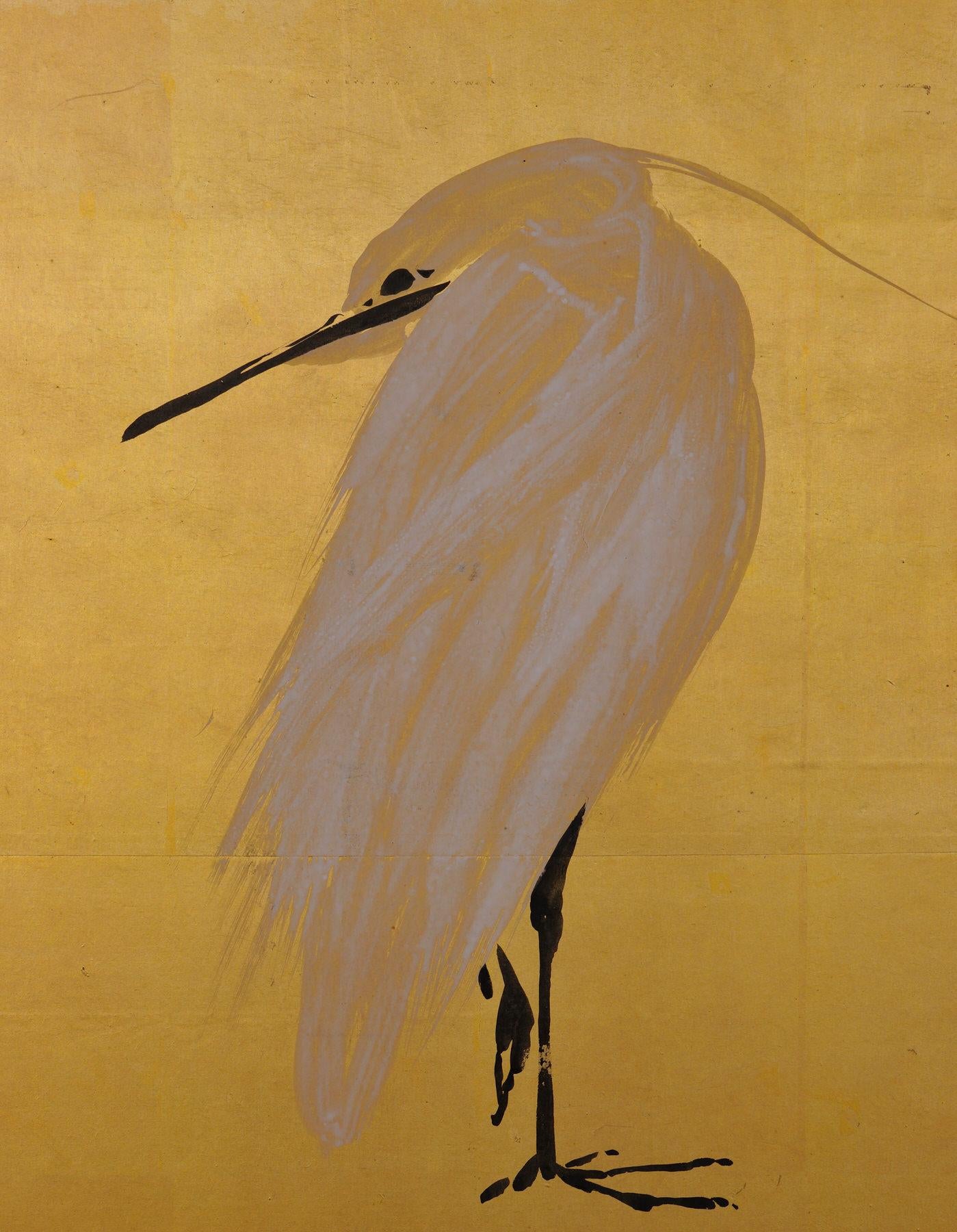 White Heron and Reeds

Kimura Buzan (1876-1942) 

circa 1925

Dimensions:

Screen: 122 cm x 188 cm (48” x 74”)

Painted across a small, four-fold screen, a heron stands on one leg, feathers extended and neck retracted against the cold.