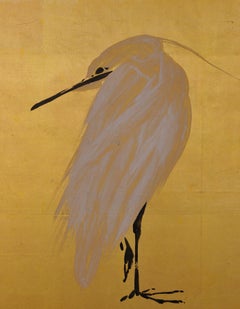 Early 20th Century Japanese Screen 'White Heron & Reeds' by Kimura Buzan