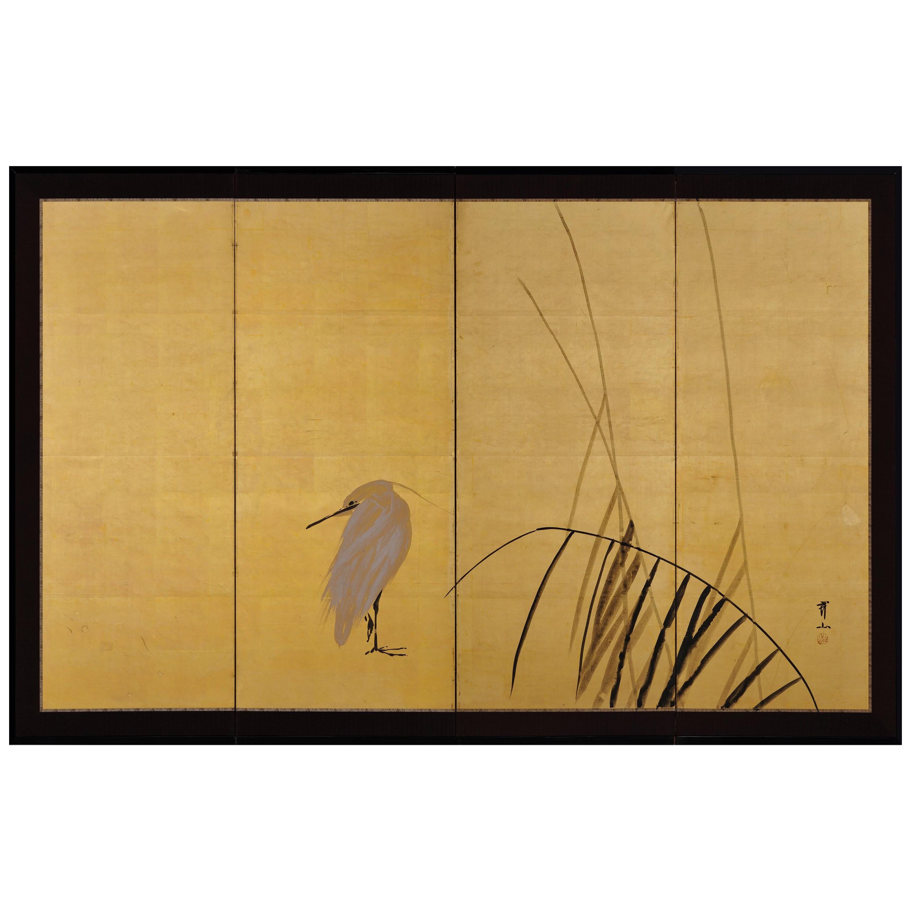 Paravent japonais du début du XXe siècle "Héron blanc & roseaux" par Kimura Buzan