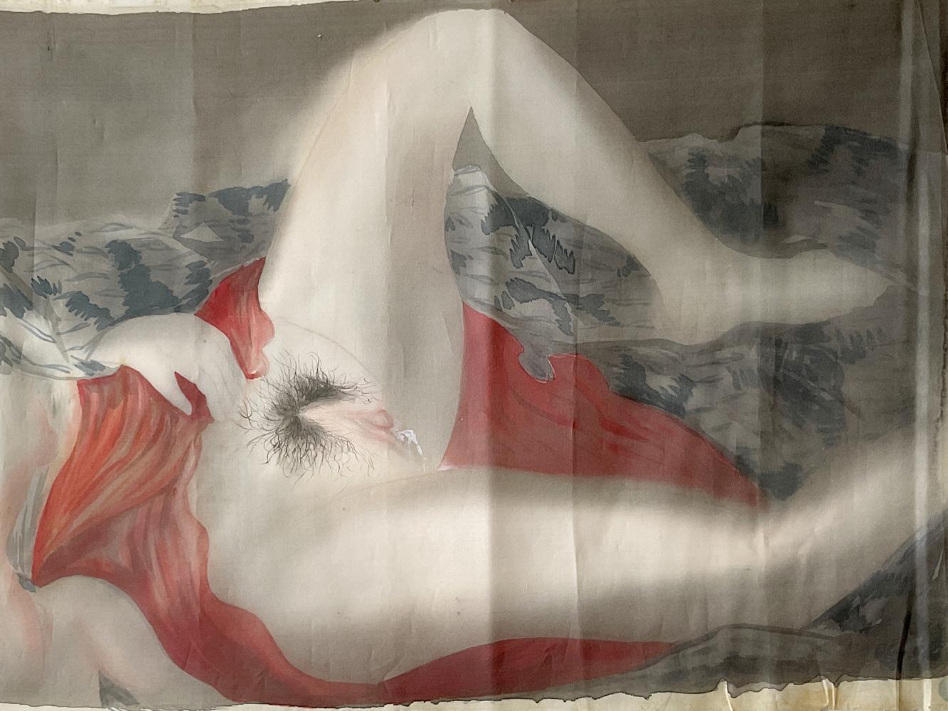 Frühes 20. Jahrhundert Japanisches Shunga-Gemälde Frau mit Baby (Handbemalt) im Angebot