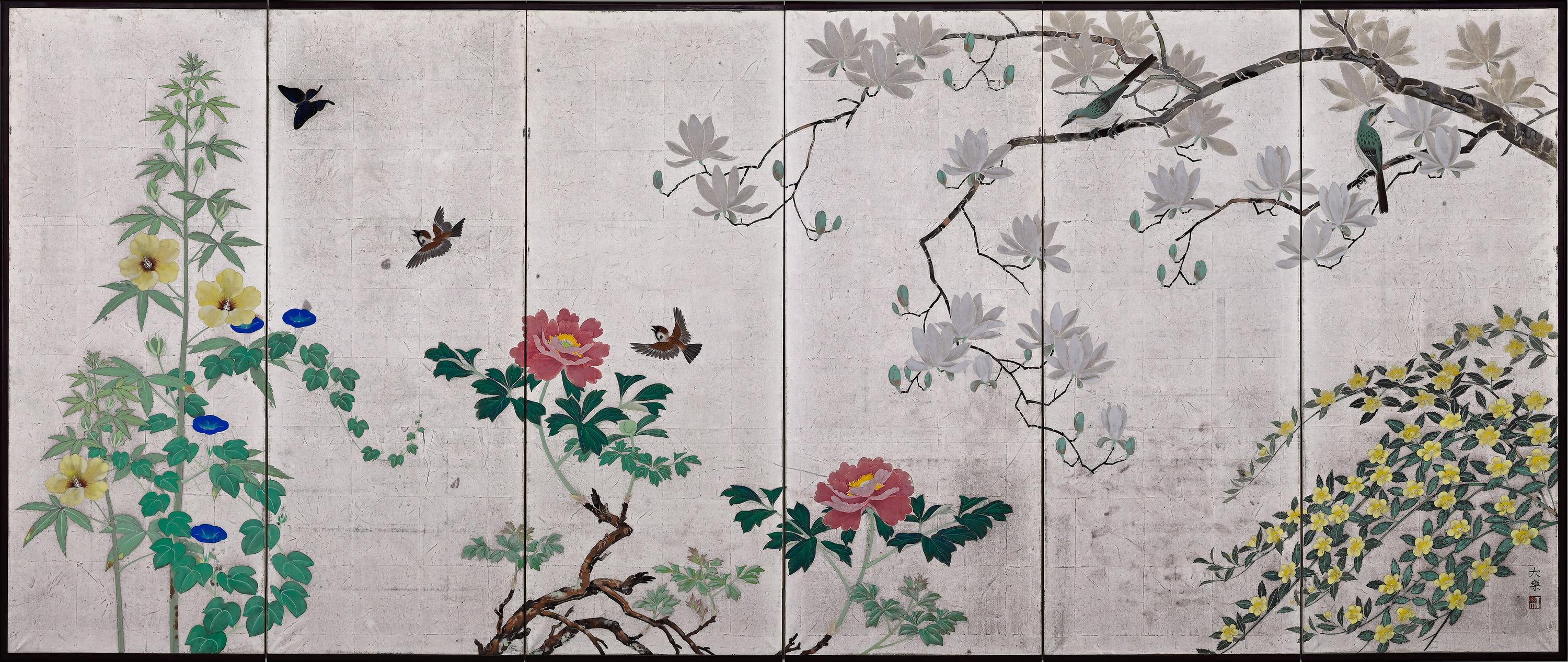Flowers and birds of the 4 Seasons.

Early 20th century, circa 1920

Pair of six-panel Japanese folding screens.

Ink, gofun, pigment and silver leaf on paper.

Signed and sealed: 

Tairaku

Dimensions:

Each Screen W. 284 cm x H. 121