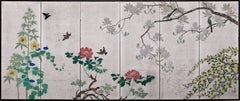 Early 20th Century Japanese Silver Screen Pair, Flowers & Birds of the 4 Seasons