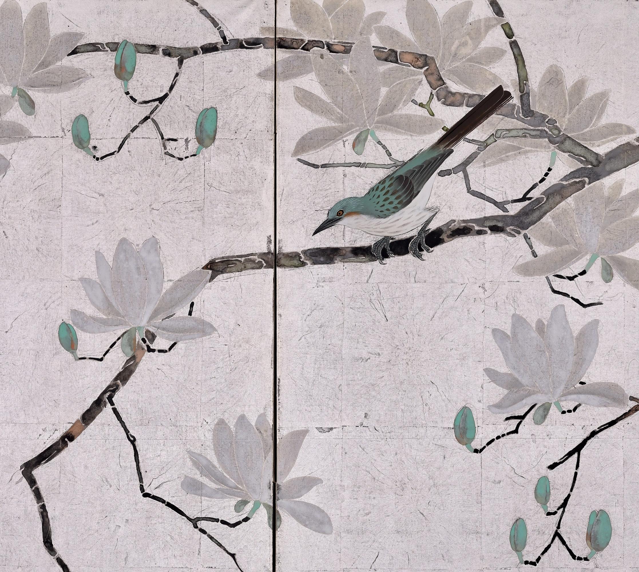 Taisho Early 20th Century Japanese Silver Screen Pair, Flowers & Birds of the 4 Seasons