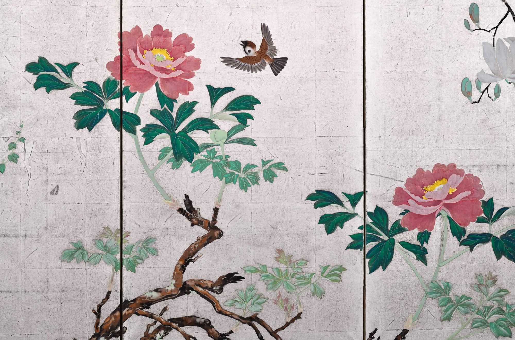 Hand-Painted Early 20th Century Japanese Silver Screen Pair, Flowers & Birds of the 4 Seasons