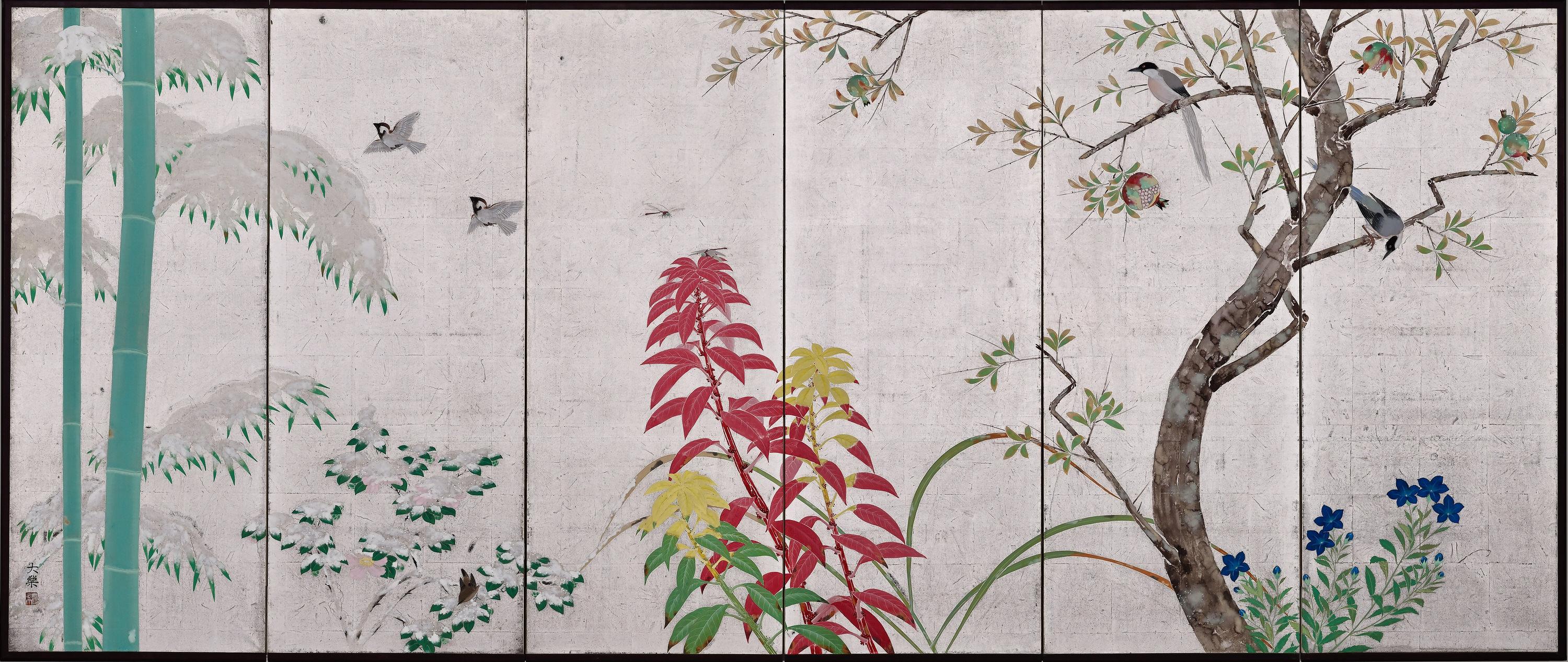 Early 20th Century Japanese Silver Screen Pair, Flowers & Birds of the 4 Seasons In Good Condition In Kyoto, JP