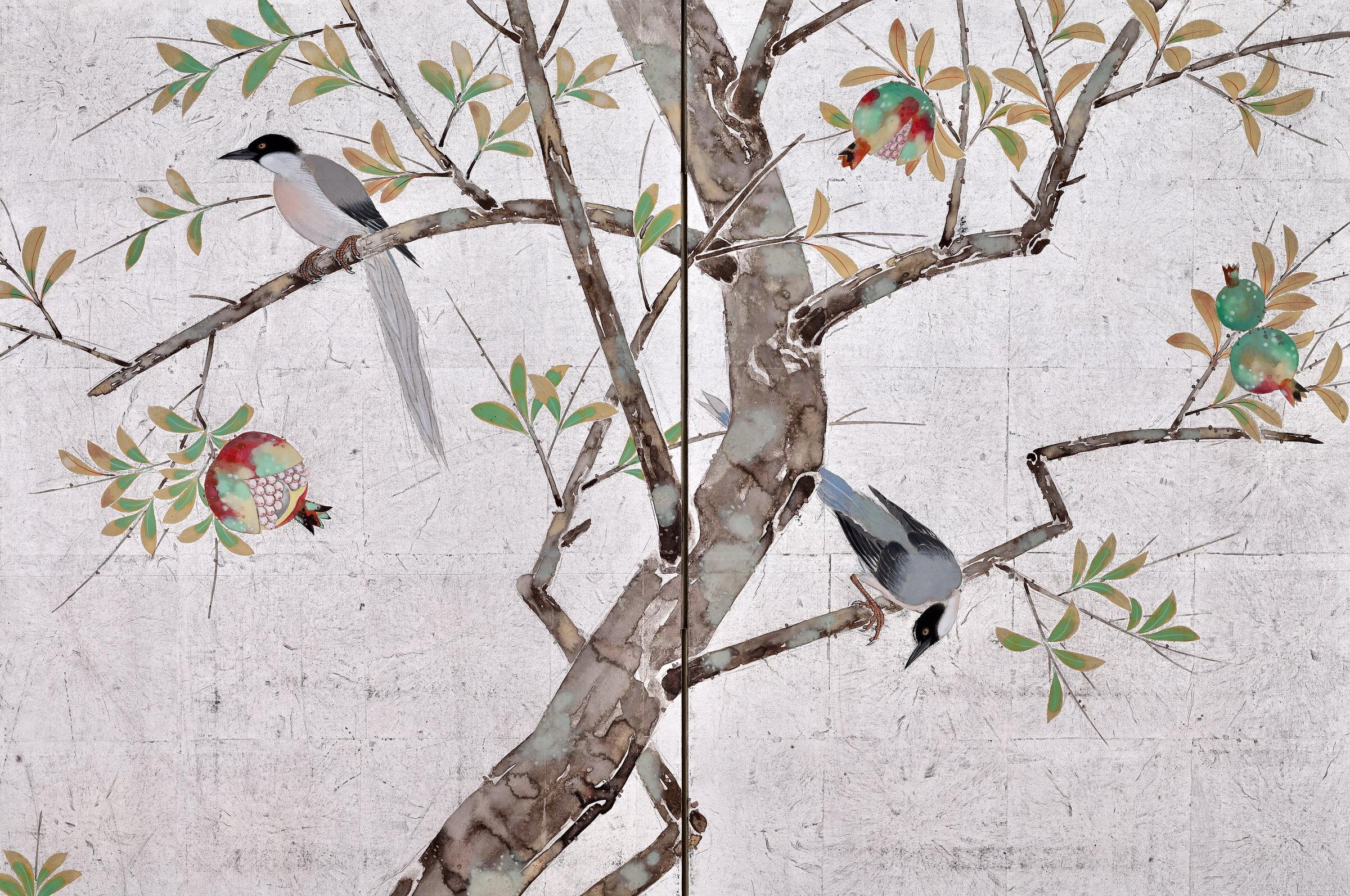 Silver Leaf Early 20th Century Japanese Silver Screen Pair, Flowers & Birds of the 4 Seasons