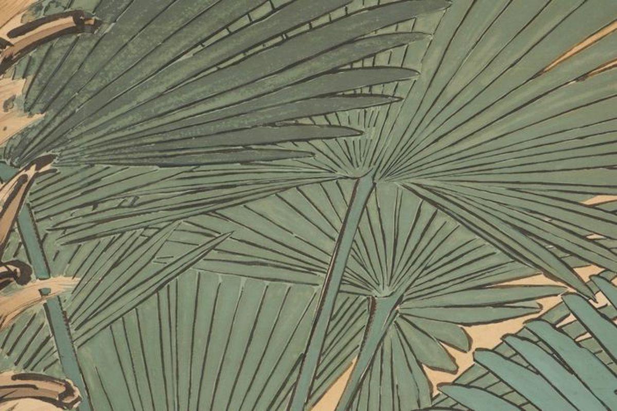 Early 20th Century Japanese Six Paper Panels Palm Trees Room Divider 6