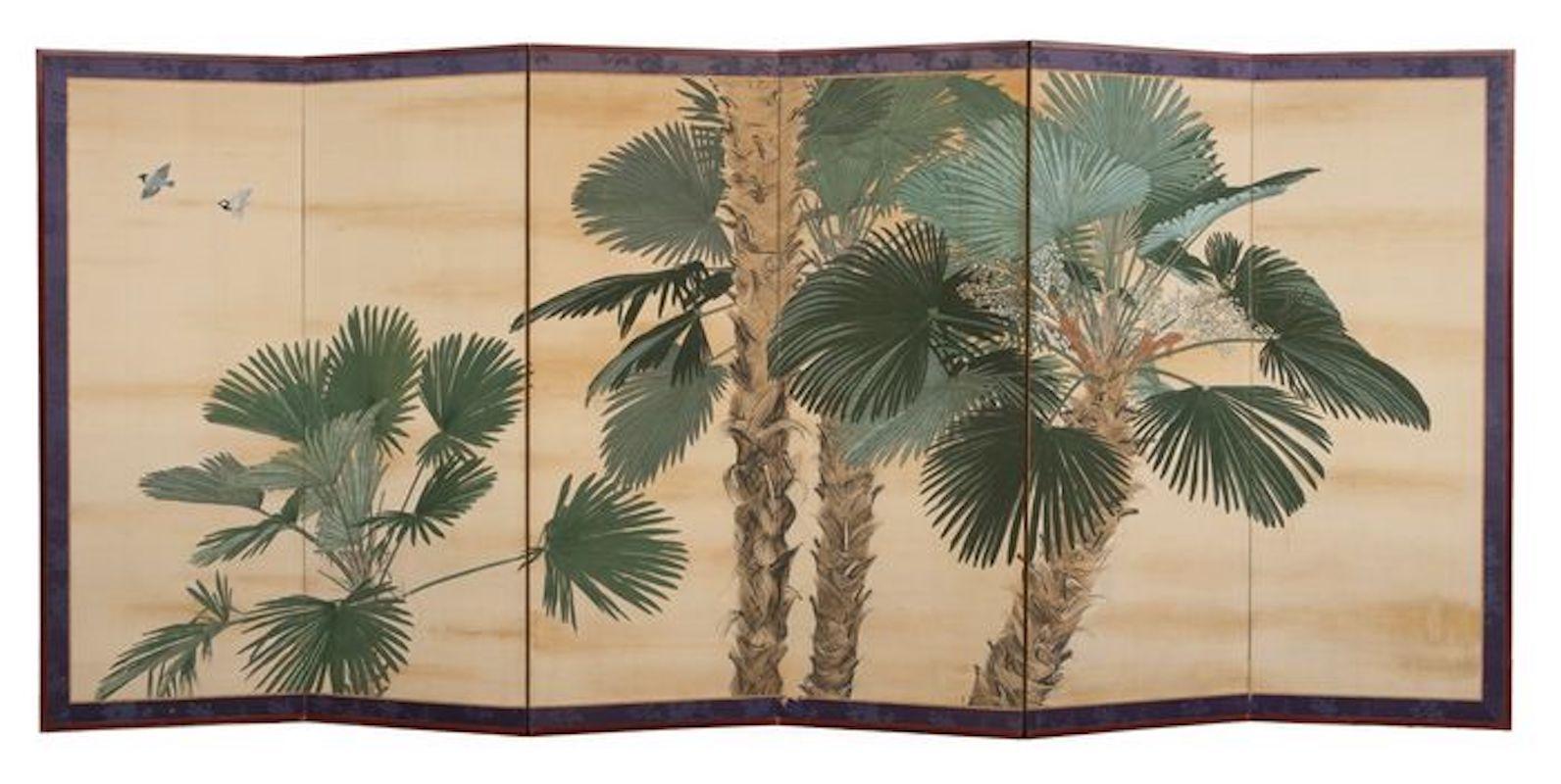 Early 20th Century Japanese Six Paper Panels Palm Trees Room Divider 7