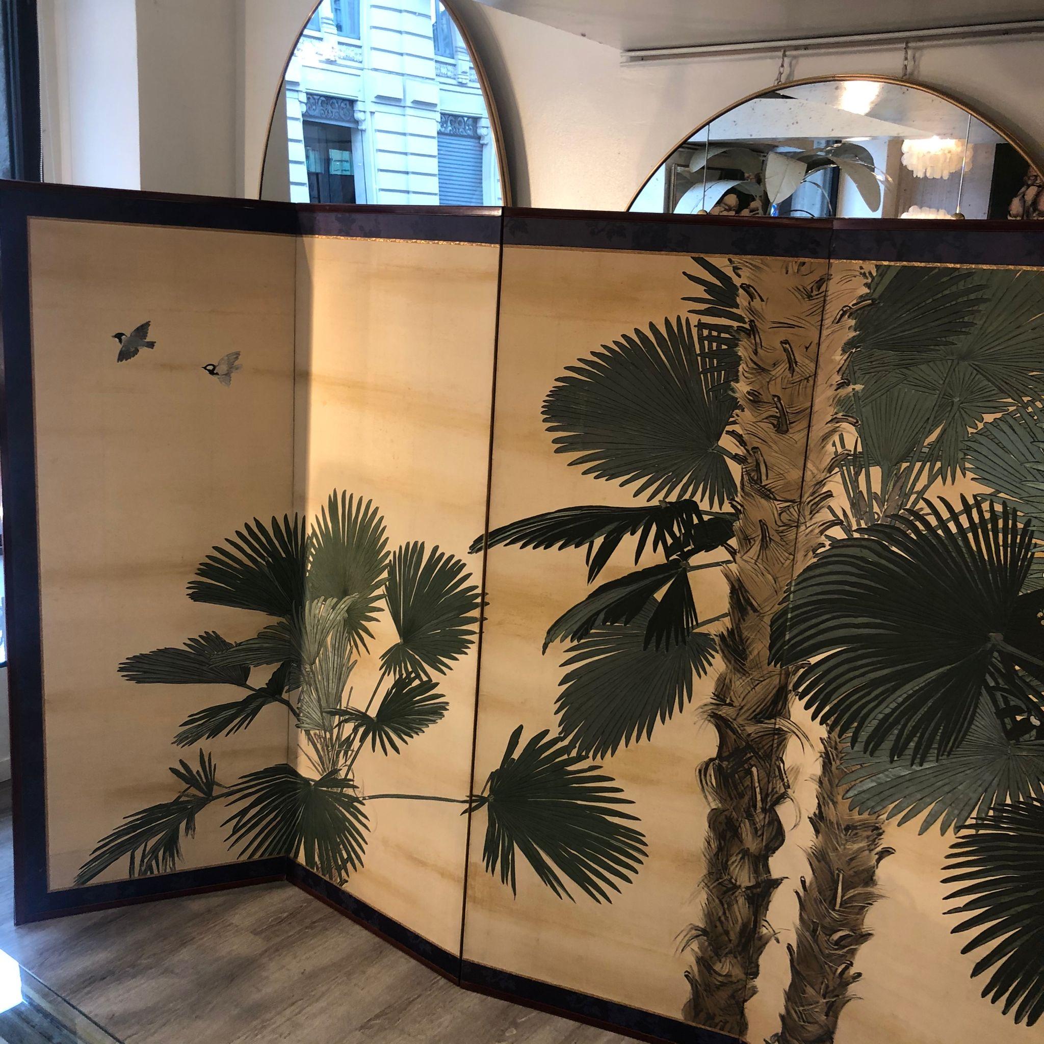 Early 20th Century Japanese Six Paper Panels Palm Trees Room Divider 8