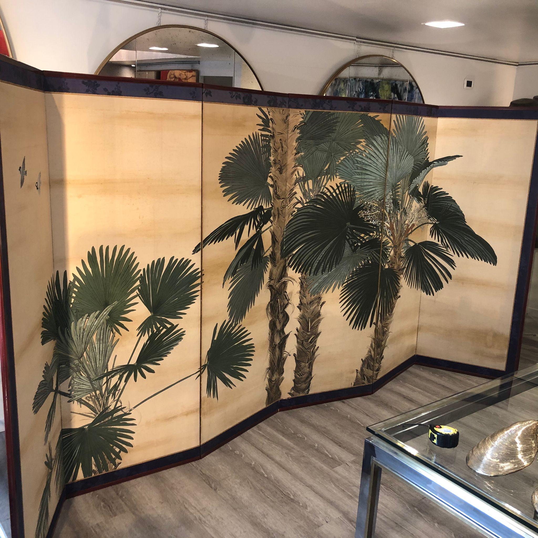 Early 20th Century Japanese Six Paper Panels Palm Trees Room Divider 9