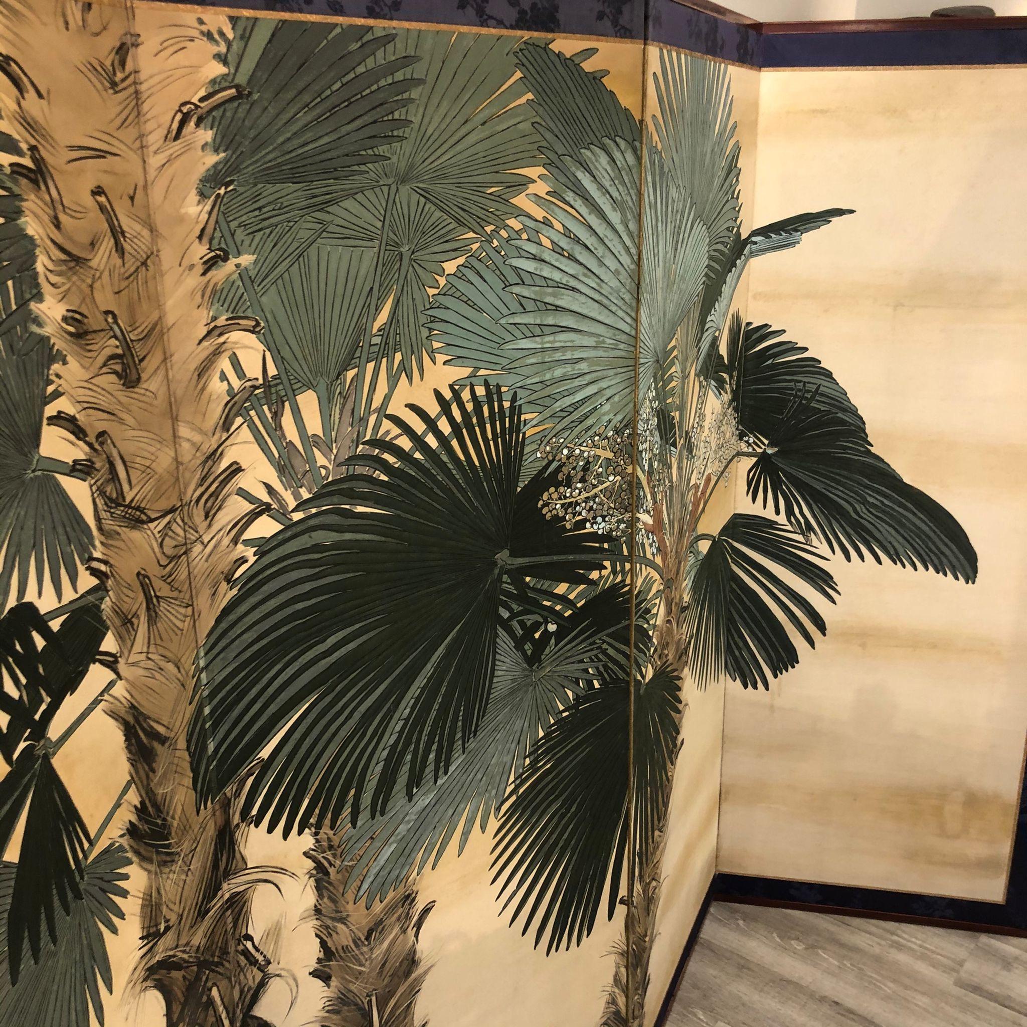 Early 20th Century Japanese Six Paper Panels Palm Trees Room Divider 11