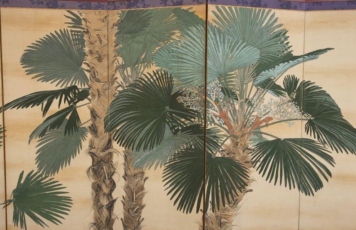 Early 20th Century Japanese Six Paper Panels Palm Trees Room Divider 2