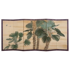 Early 20th Century Japanese Six Paper Panels Palm Trees Room Divider