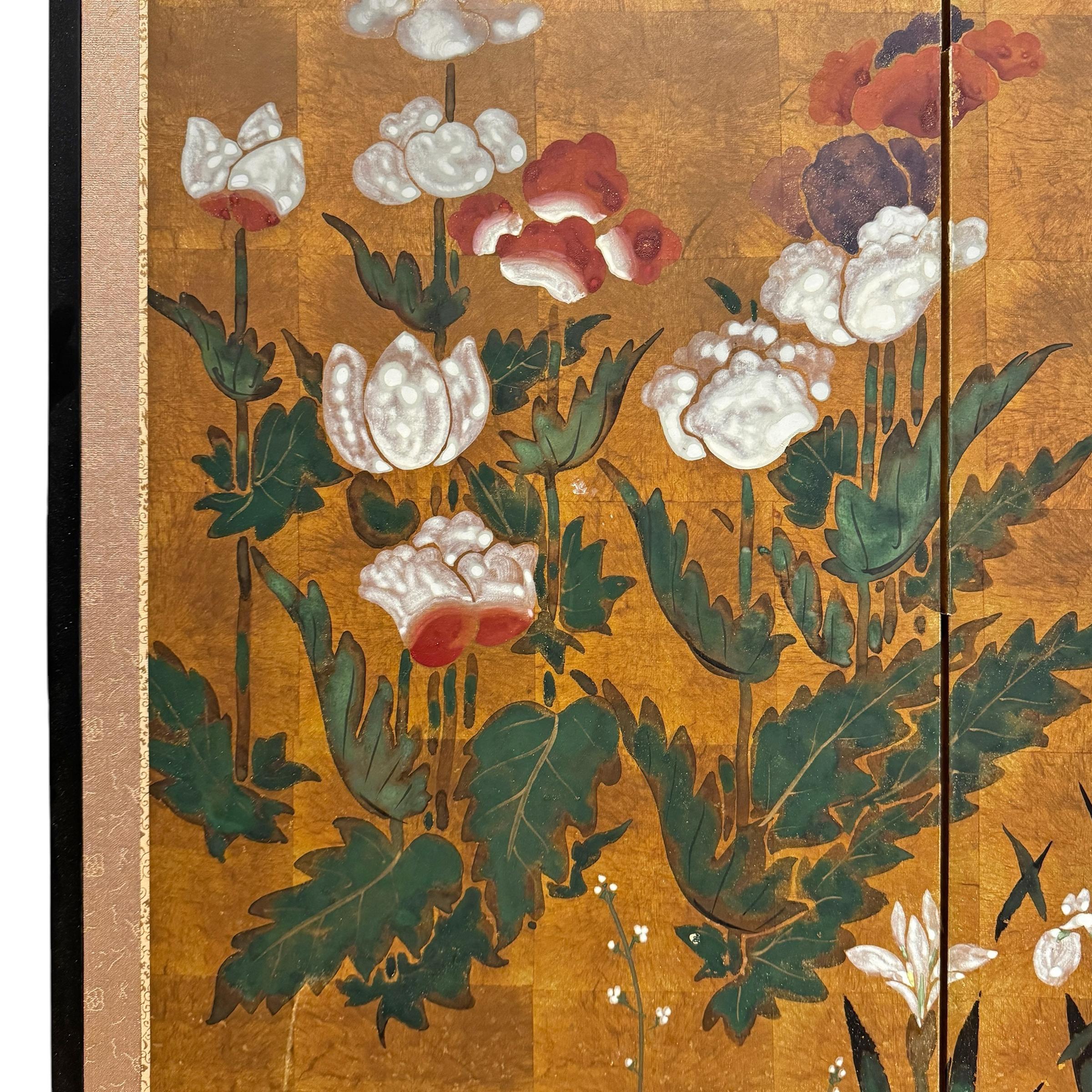 Biombo japonés Byobu de flores de primavera de principios del siglo XX en Bueno Estado en Chicago, IL