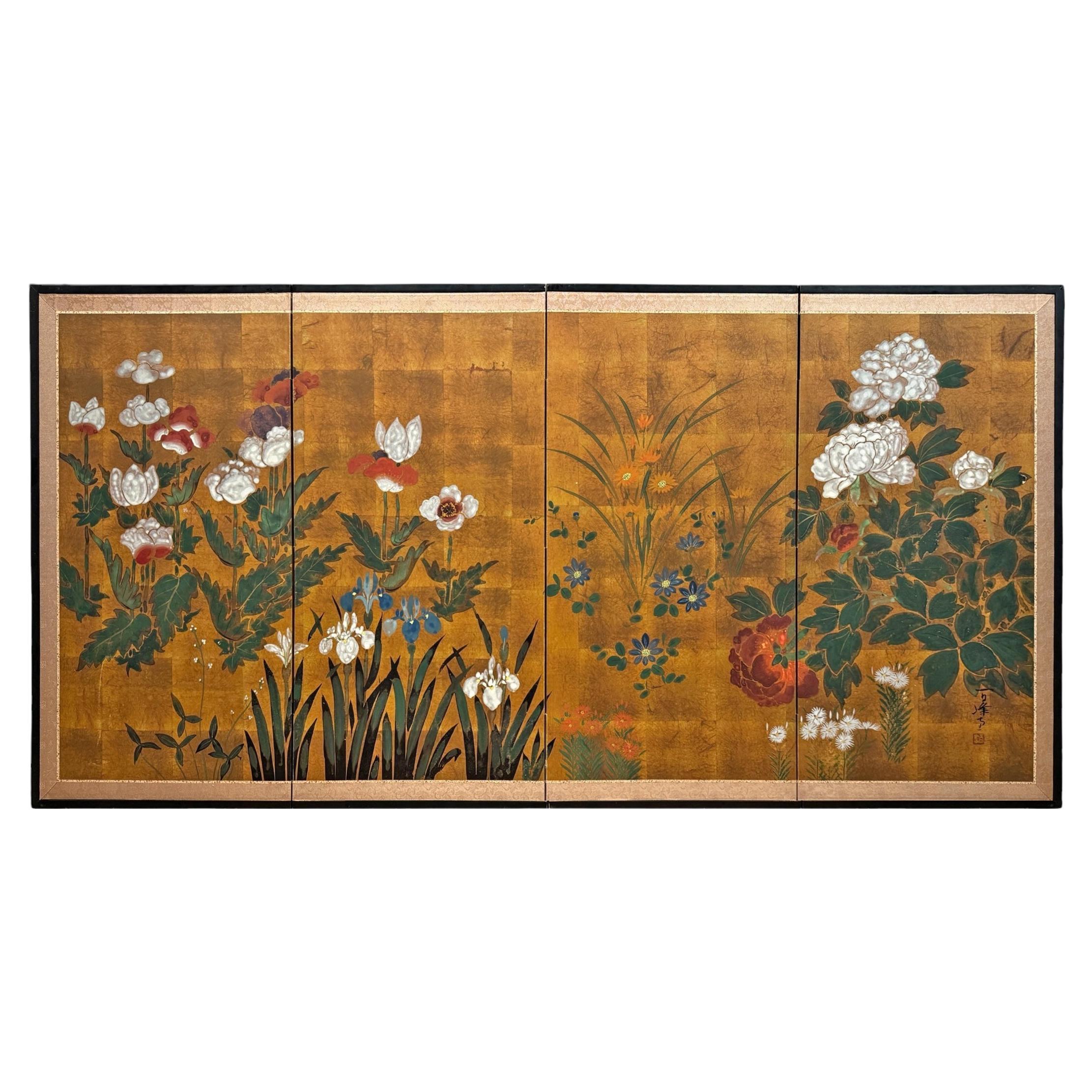 Paravento Byobu con fiori di primavera giapponese dei primi del Novecento