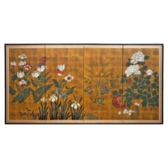 Paravento Byobu con fiori di primavera giapponese dei primi del Novecento