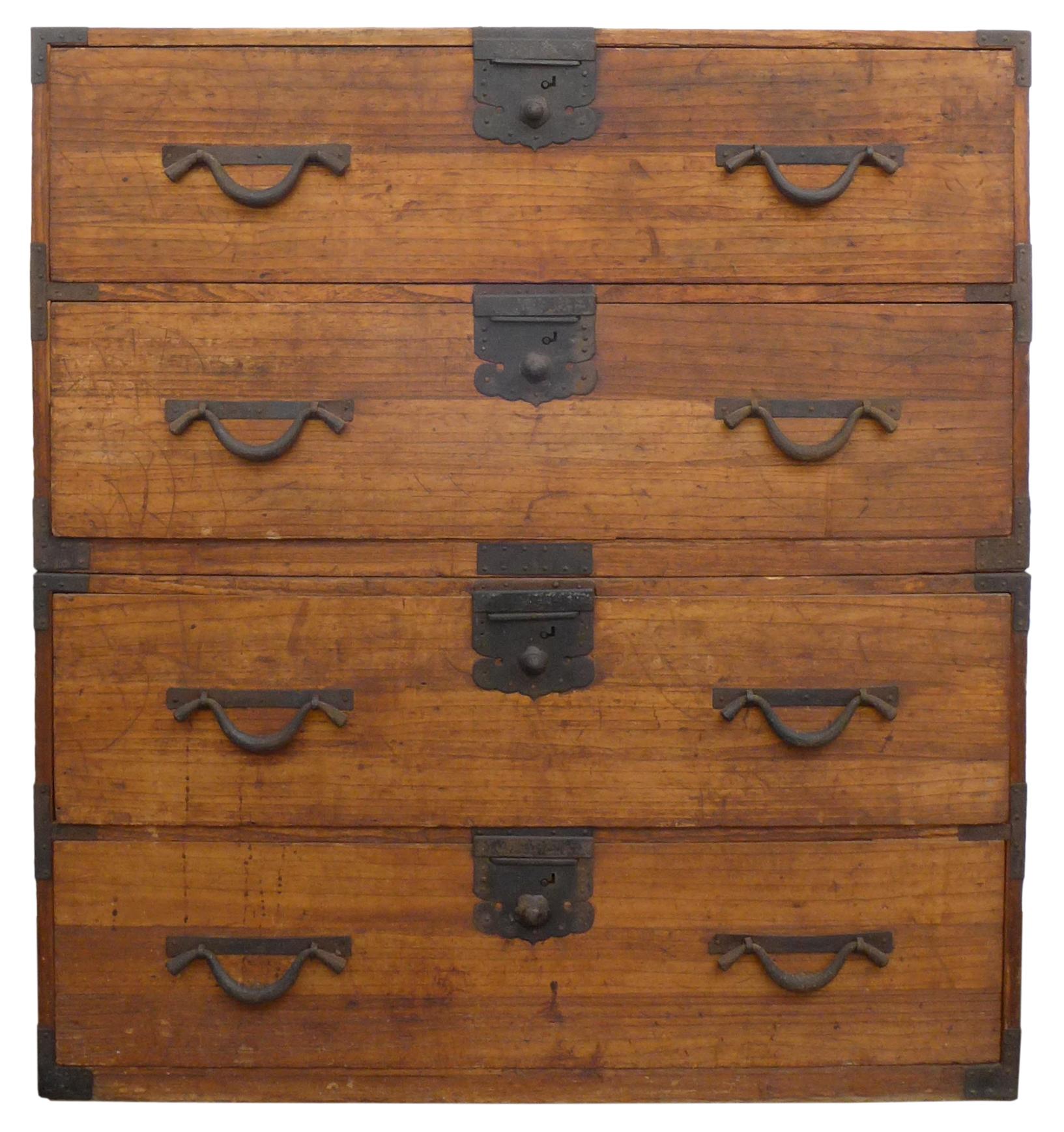 Wonderful, early 20th century, stacking Japanese tansu chests. Great, vintage examples of this traditional mobile storage cabinetry wearing all its trademarks. All original iron hardware and wood nails. Side handles on each piece for ease of