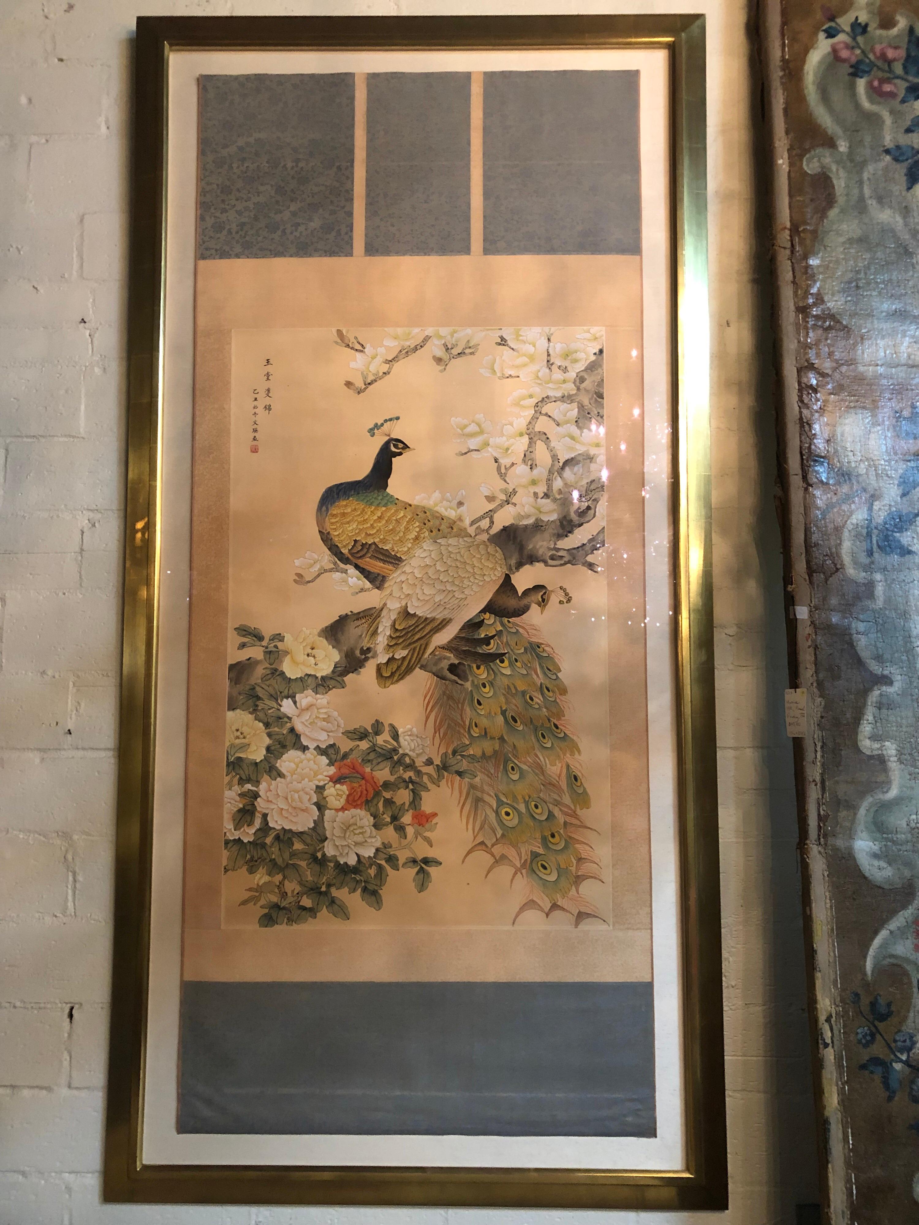 Early 20th Century Japanese Watercolor of Peacocks on Silk Background 5