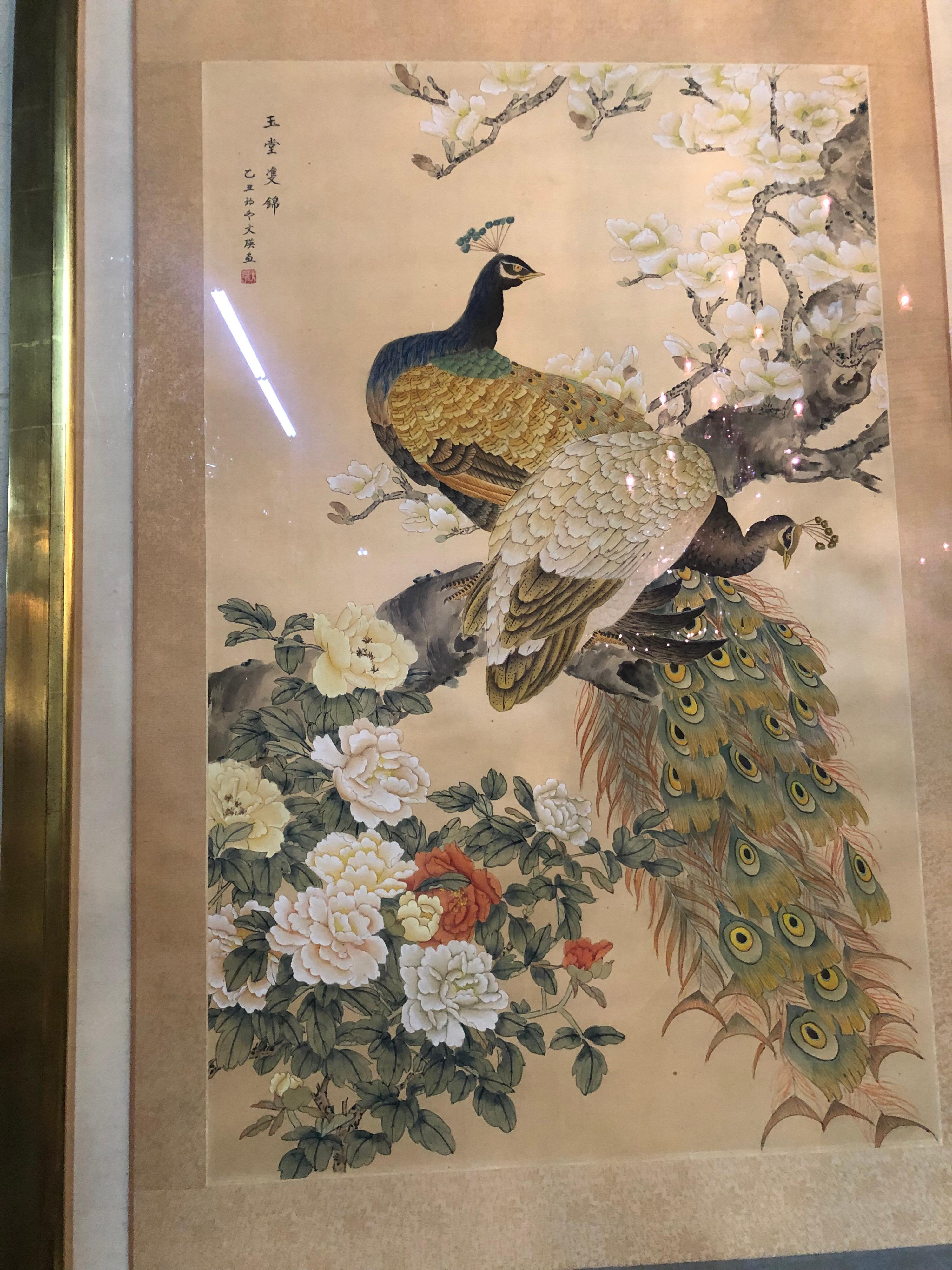 Beautiful Japanese watercolor on lovely silk background. Nicely framed in a gilt shadowbox. Gorgeous!