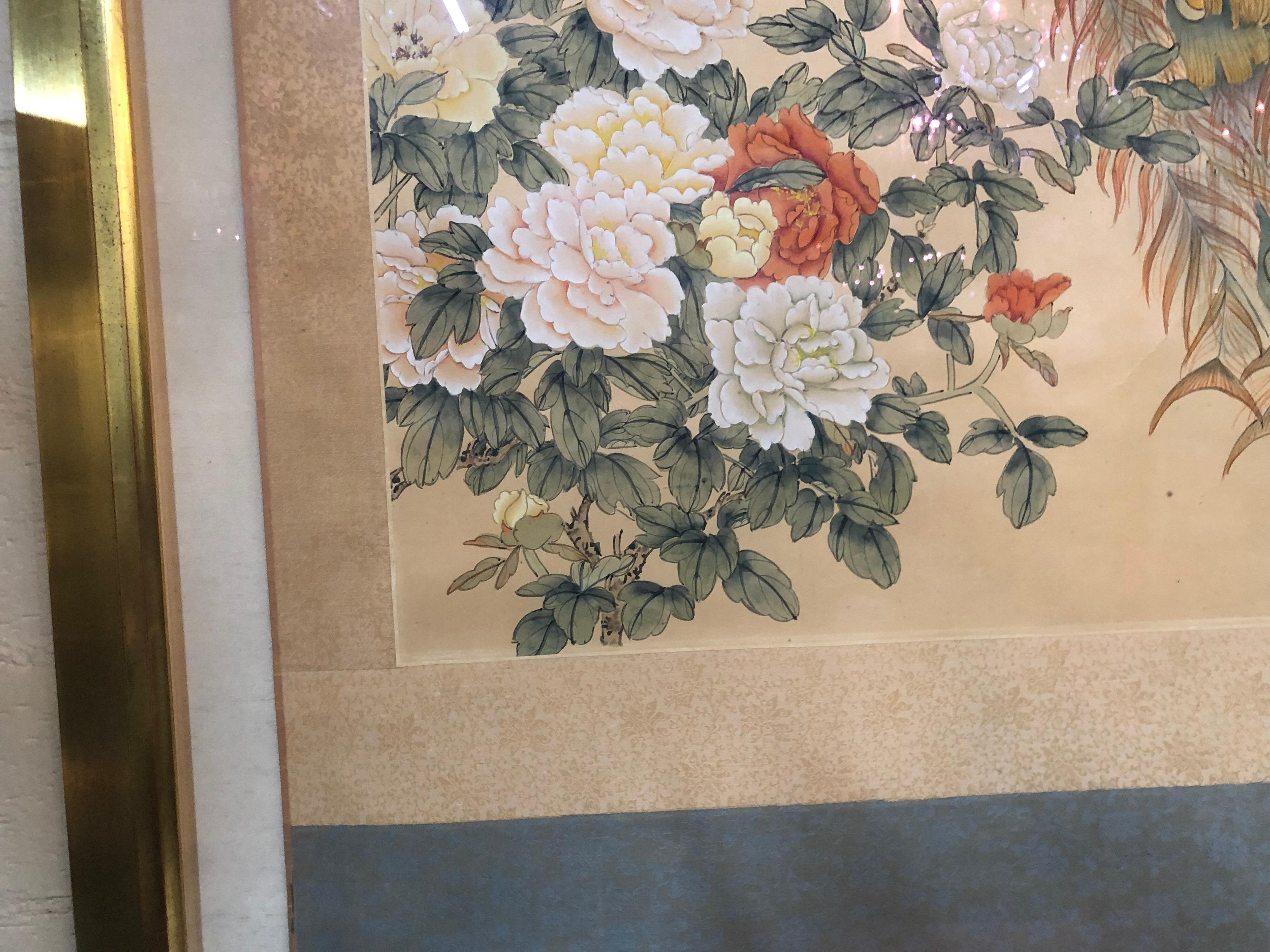 Hand-Painted Early 20th Century Japanese Watercolor of Peacocks on Silk Background