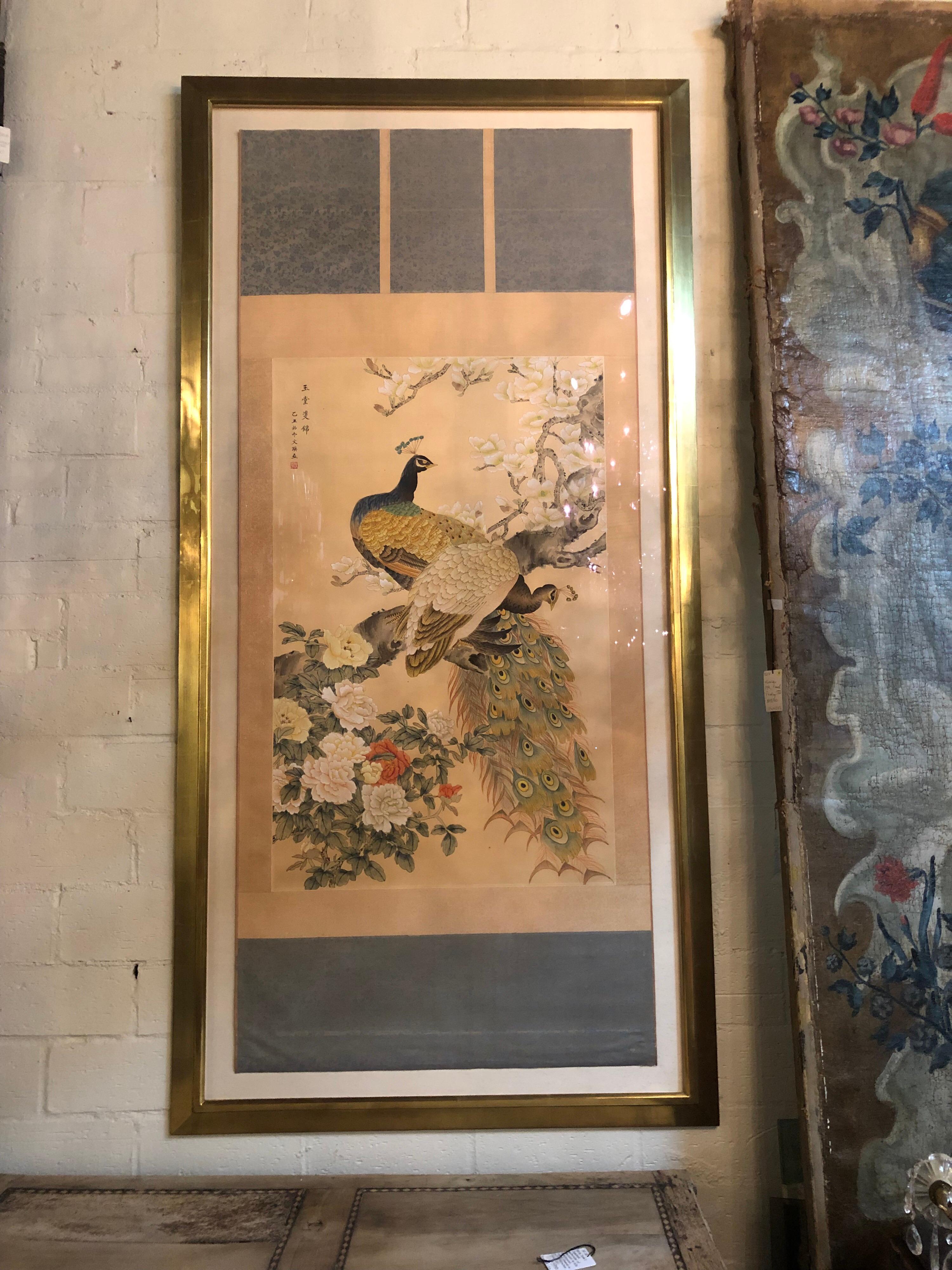 Early 20th Century Japanese Watercolor of Peacocks on Silk Background 2