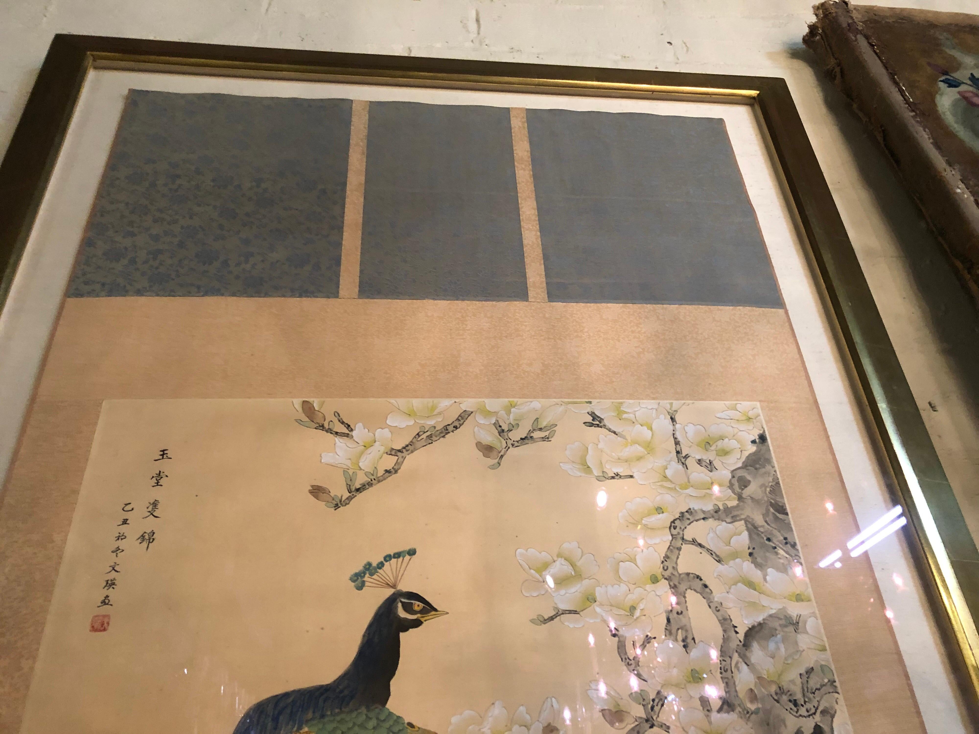 Early 20th Century Japanese Watercolor of Peacocks on Silk Background 3