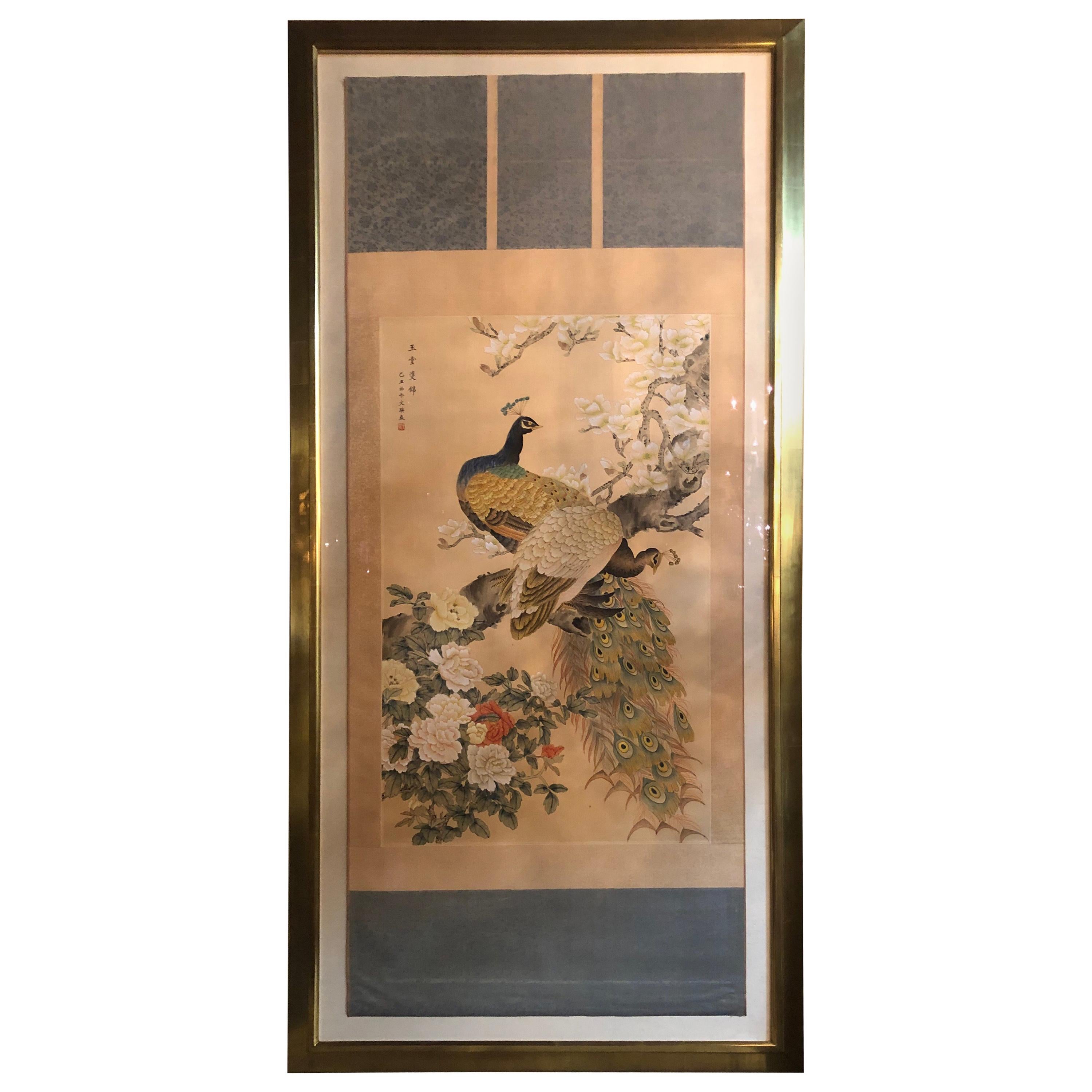 Early 20th Century Japanese Watercolor of Peacocks on Silk Background