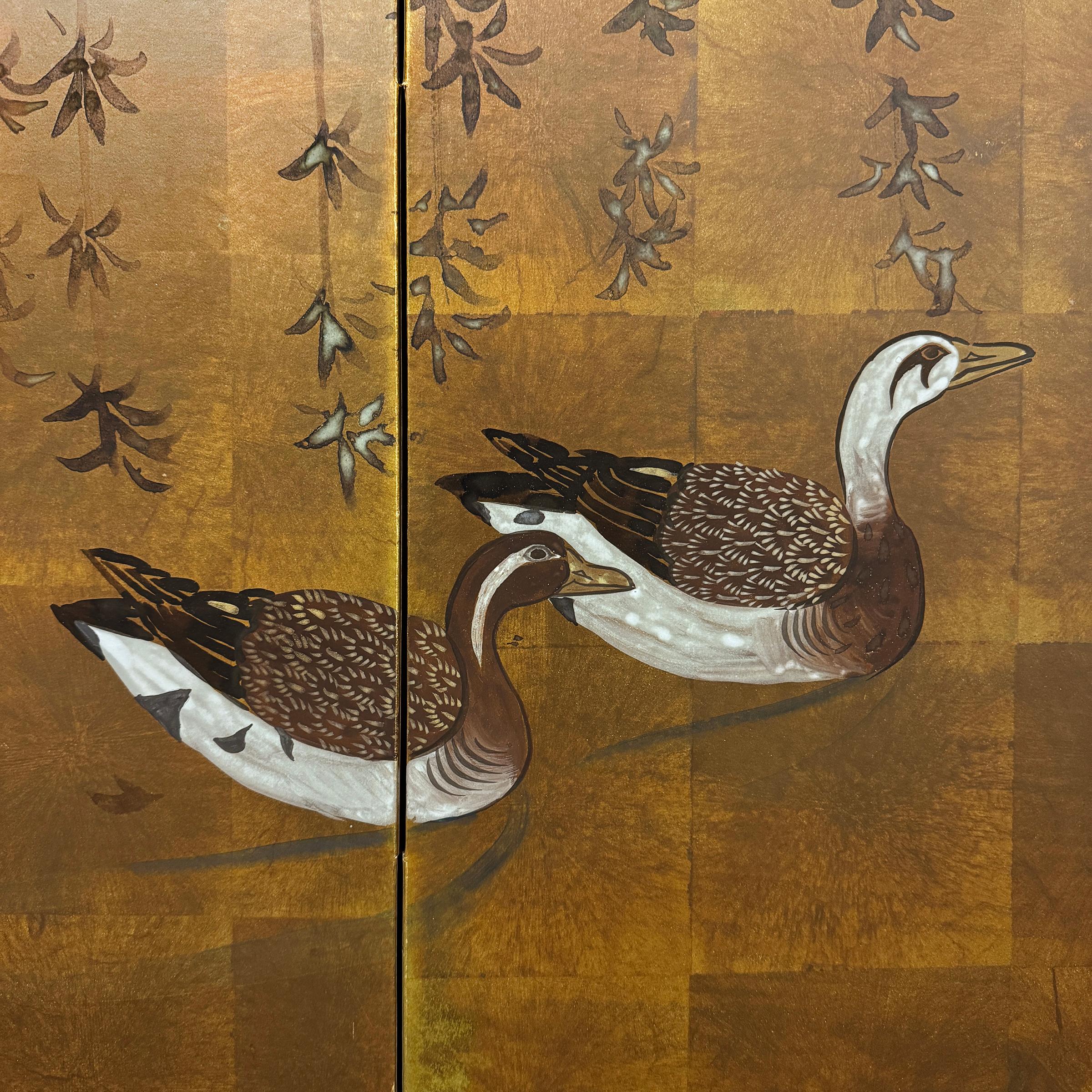 Taisho Early 20th Century Japanese Willow and Ducks Byobu Screen