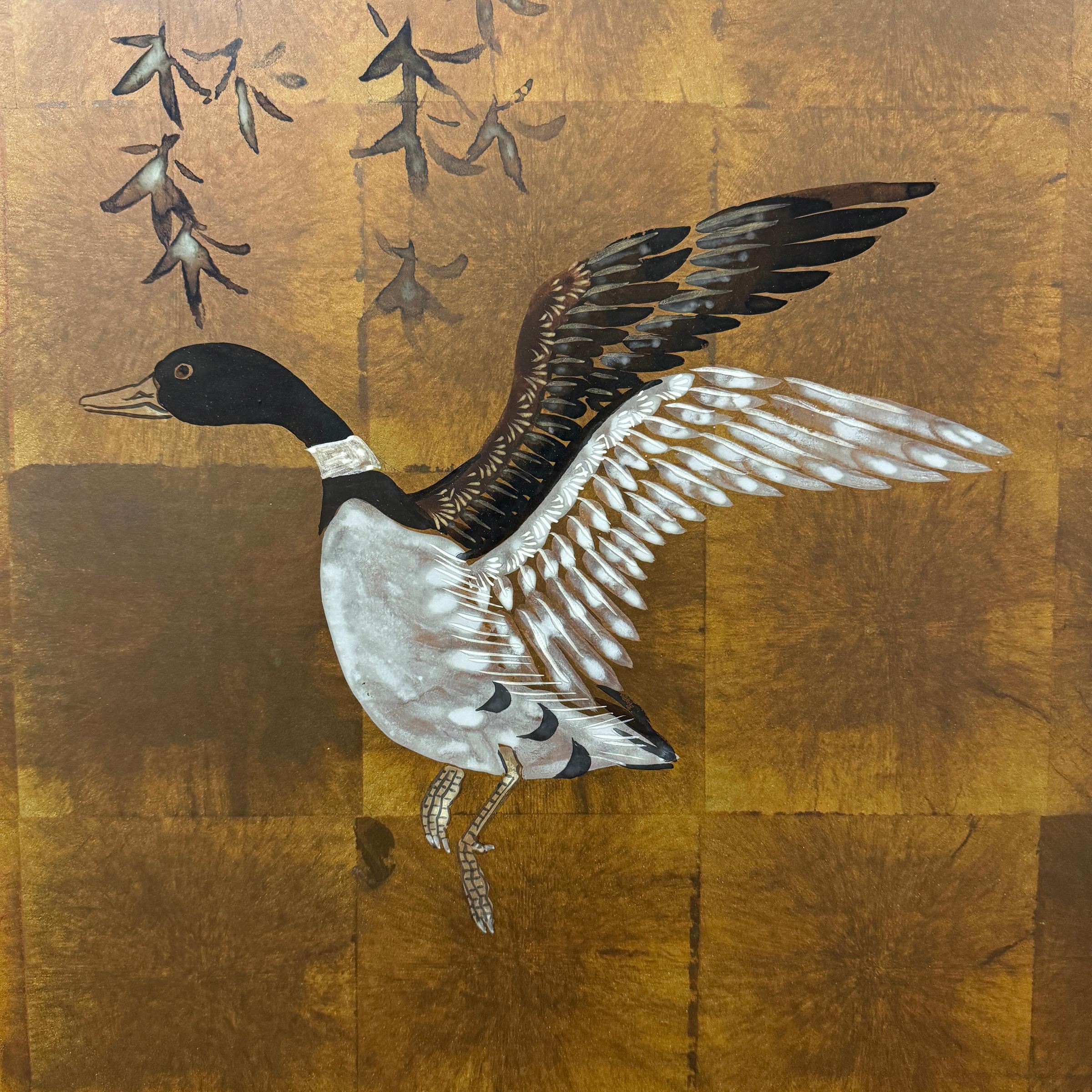 Gold Leaf Early 20th Century Japanese Willow and Ducks Byobu Screen