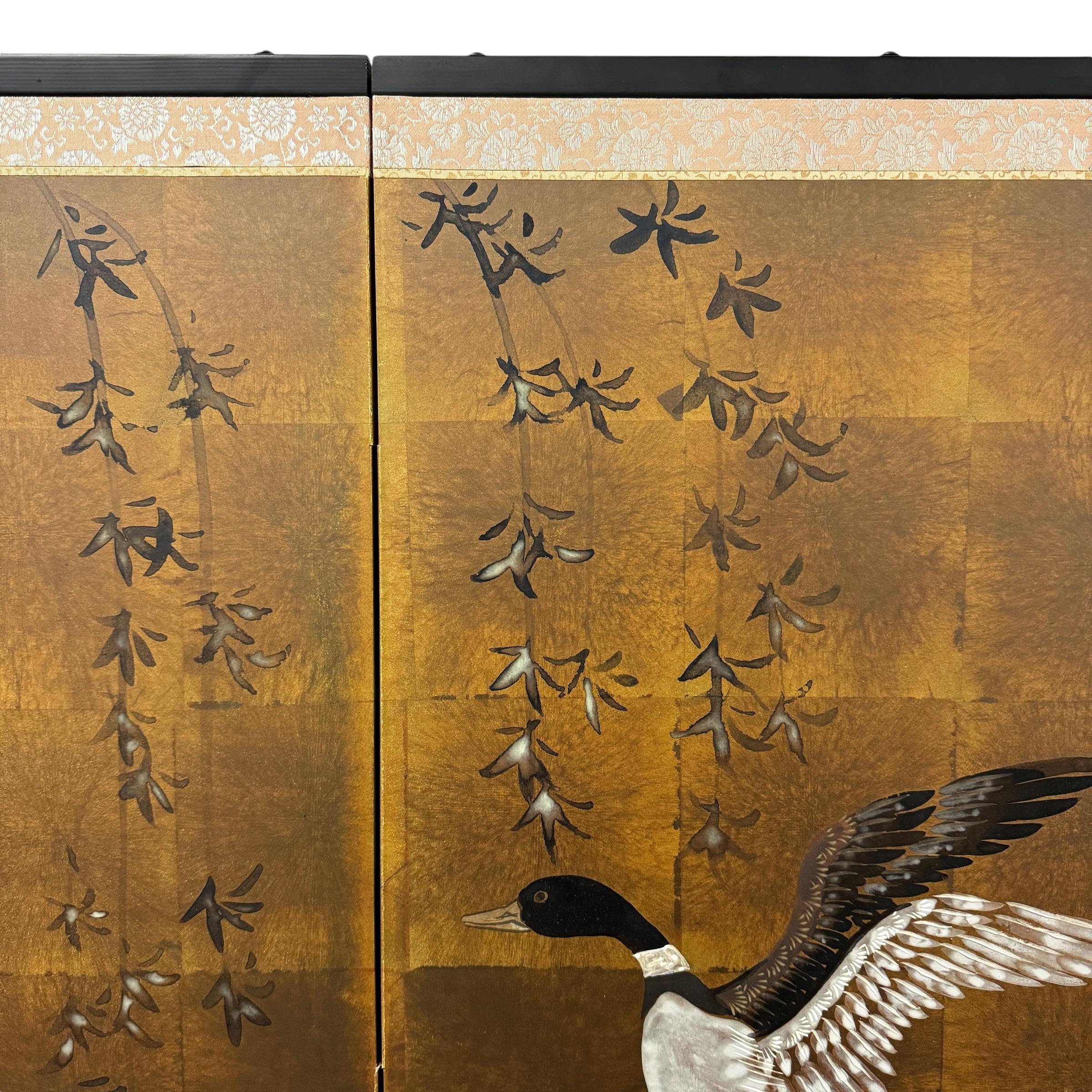 Early 20th Century Japanese Willow and Ducks Byobu Screen 1