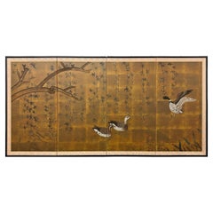 Early 20th Century Japanese Willow and Ducks Byobu Screen