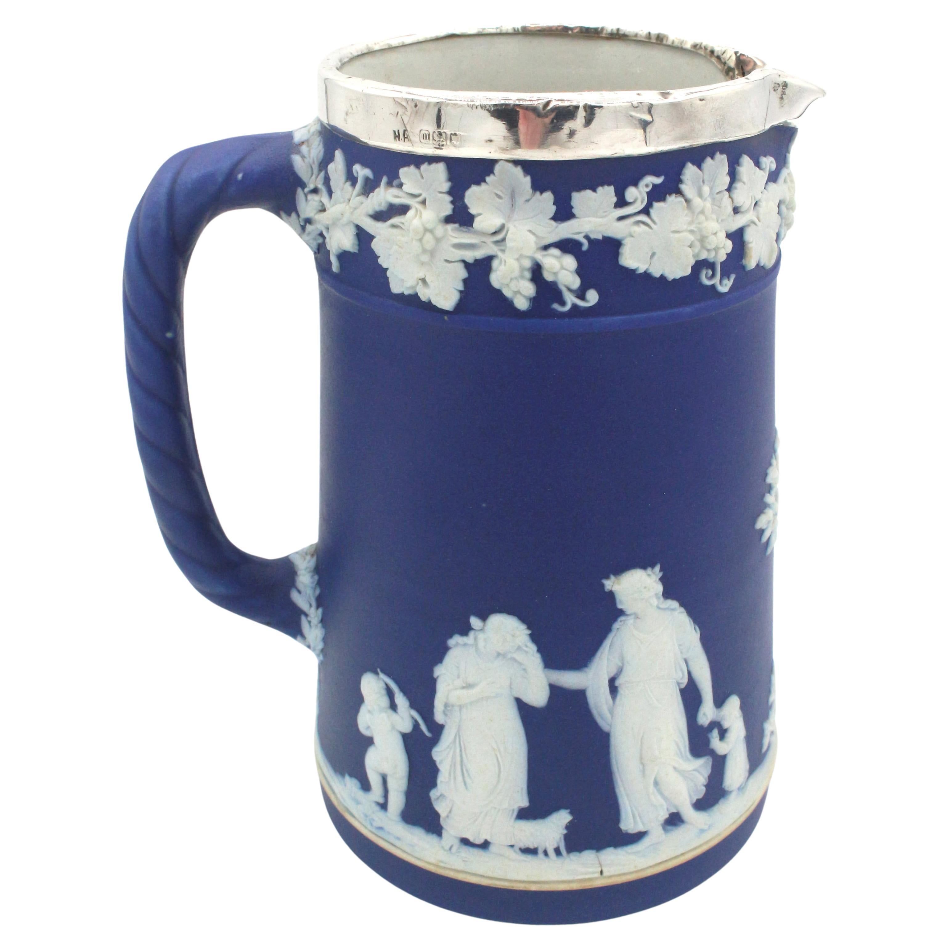  Early 20th-Century Jasperware Wedgwood Pitcher with Sterling Rim