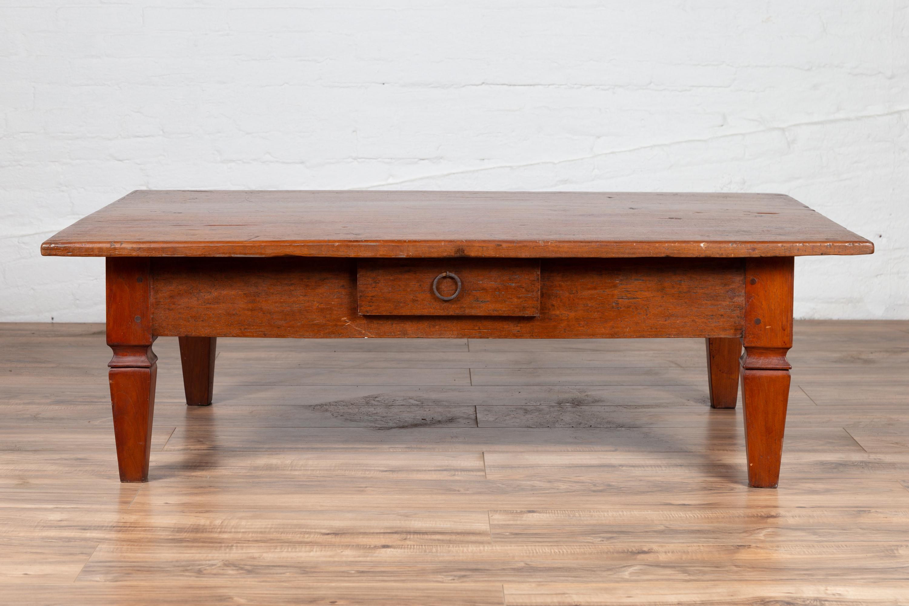 Indonesian Early 20th Century Javanese Coffee Table with Single Drawer and Tapered Legs