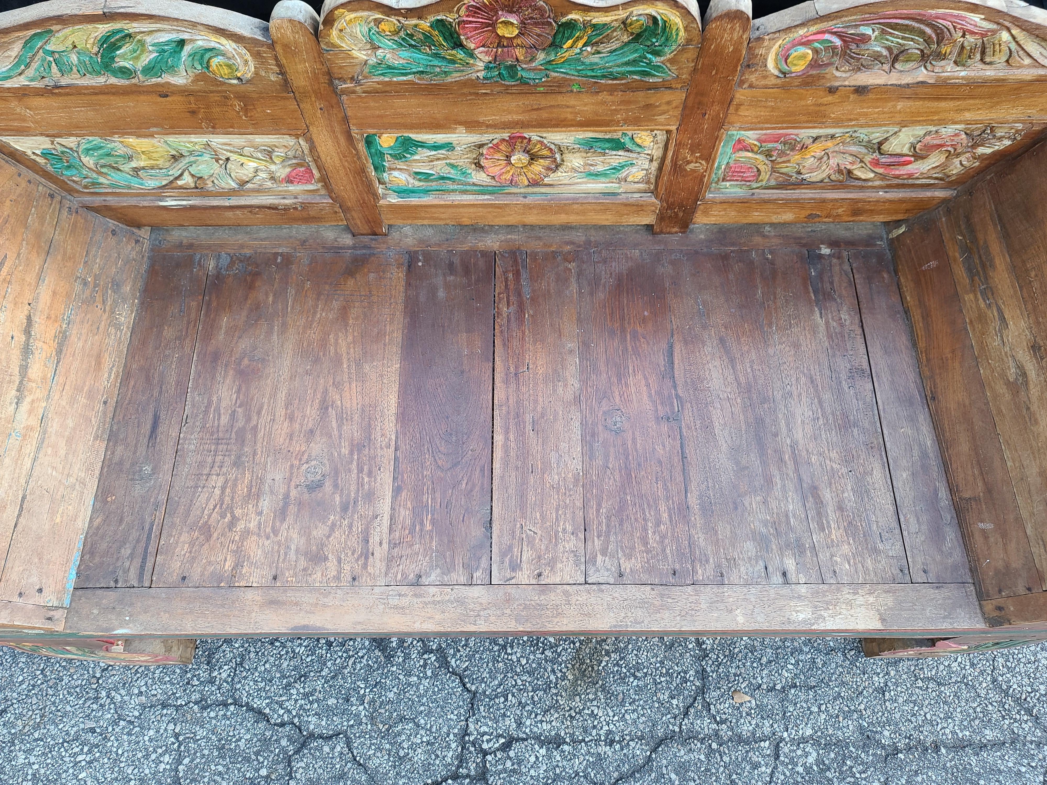 Early 20th Century Javanese Teak Carved Floral Polychrome Sofa Bench In Good Condition In Lake Worth, FL
