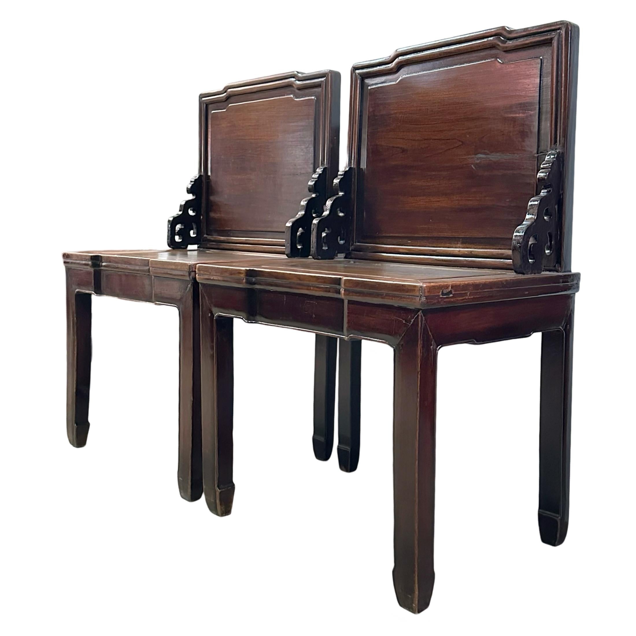 A pair of very unique chairs from Zhejiang province, China. These chairs feature straight backs reminiscent of Chinese table screens, hence earning their nickname of 