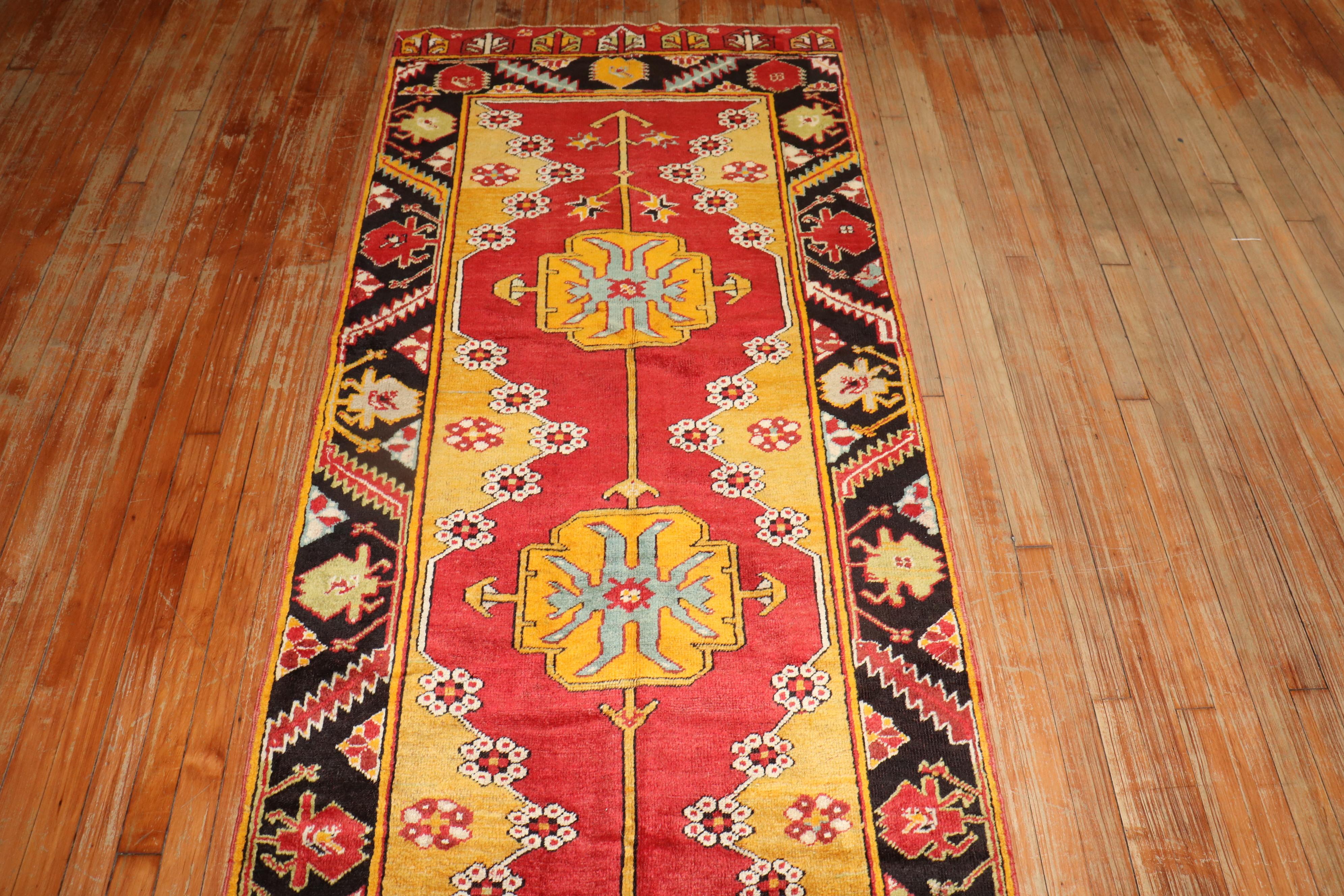 Hand-Knotted Zabihi Collection Early 20th Century Karapinar Bright Turkish 13 Foot Runner For Sale