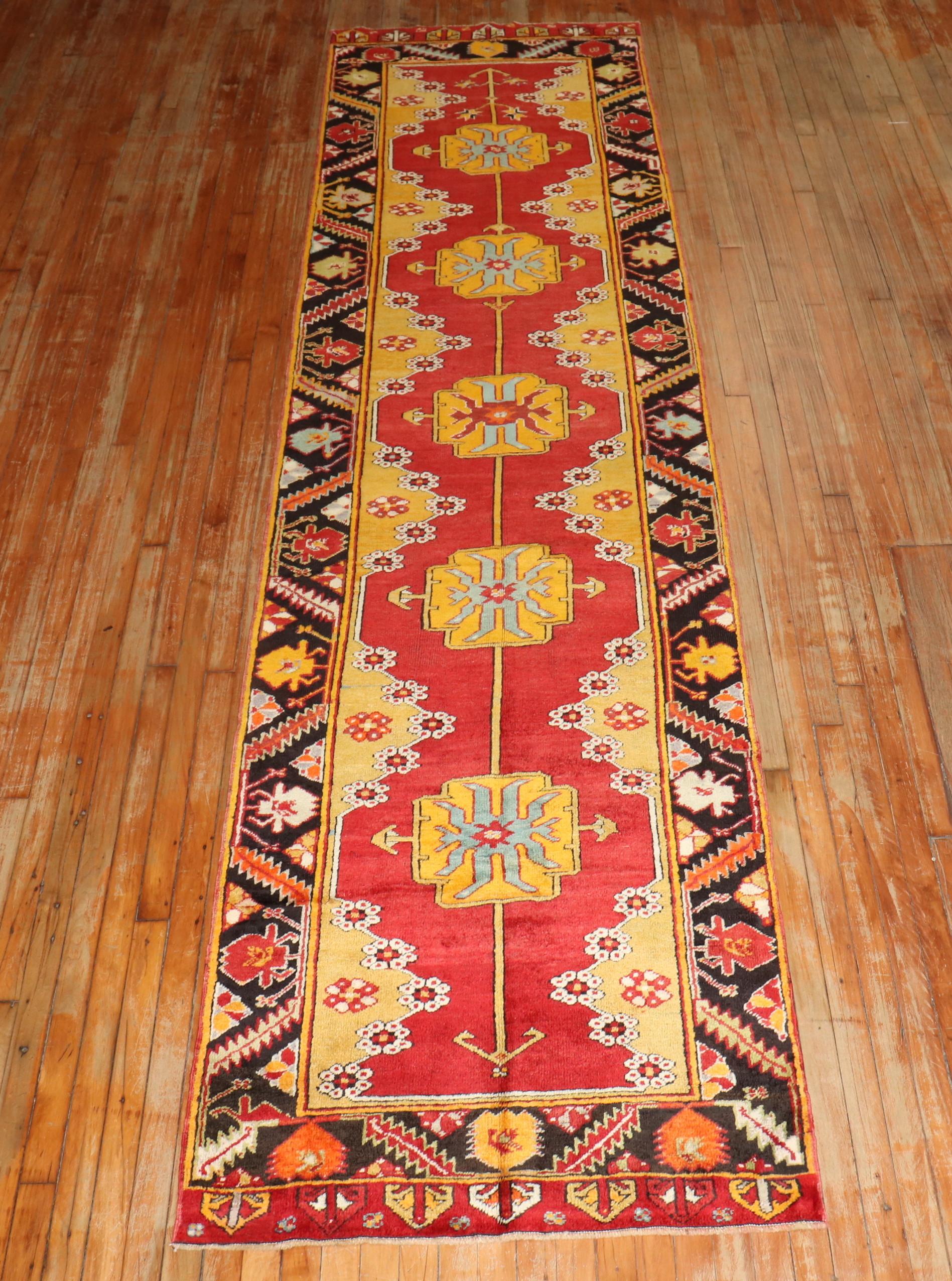 Zabihi Collection Early 20th Century Karapinar Bright Turkish 13 Foot Runner For Sale 1