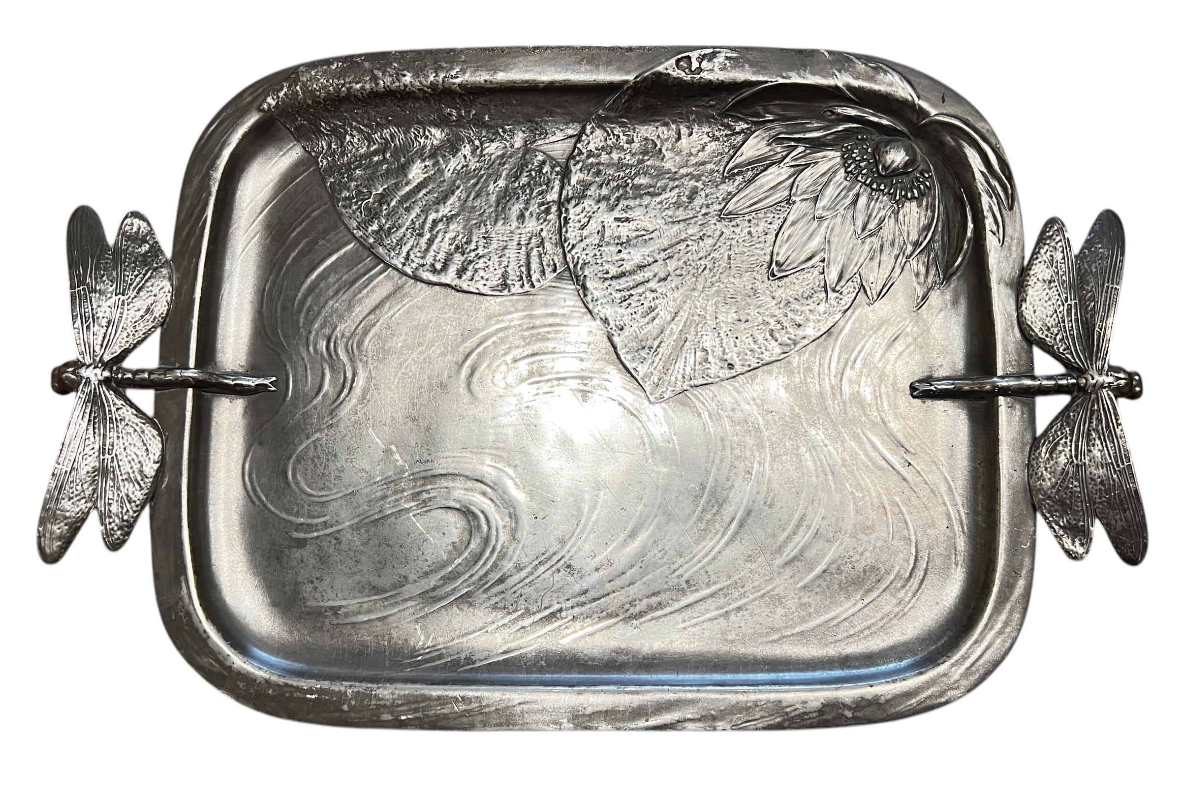 A Beautiful Early 20th Century Kayserzinn German Art Nouveau Pewter Dragonfly Tray by Hugo Leven. Overall excellent condition with age appropriate wear.