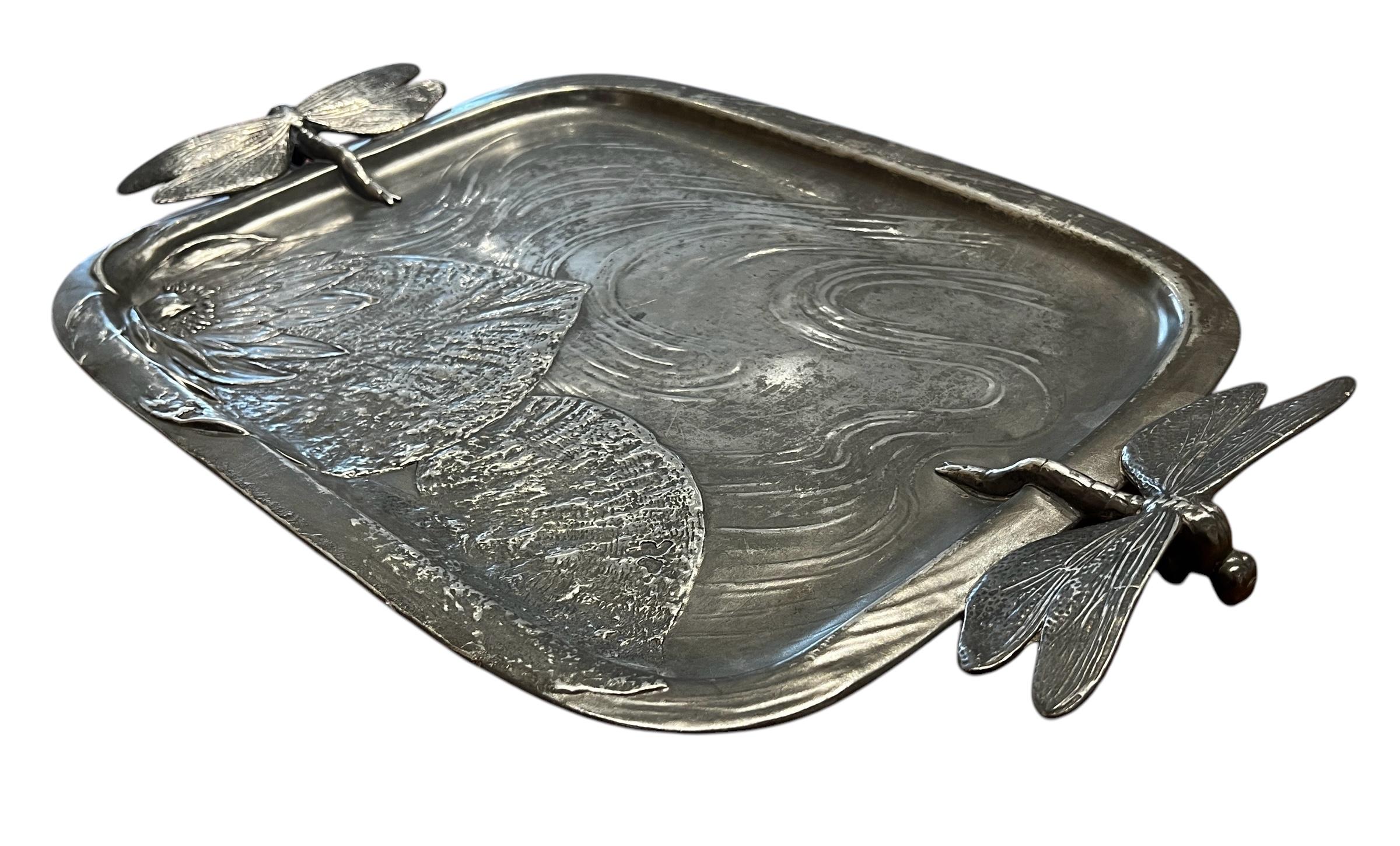 German Early 20th Century Kayserzinn Art Nouveau Pewter Dragonfly Tray by Hugo Leven