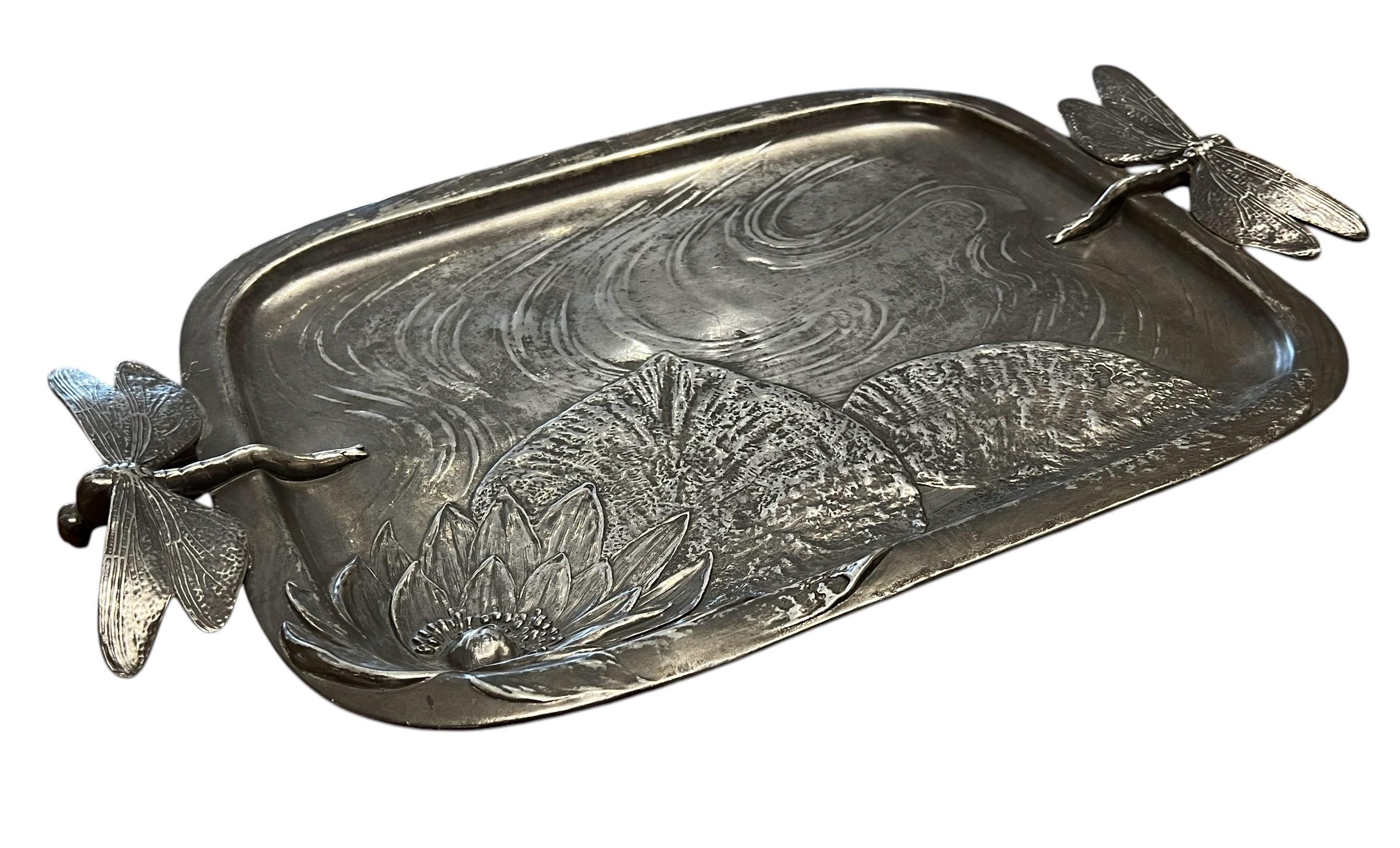 Hand-Crafted Early 20th Century Kayserzinn Art Nouveau Pewter Dragonfly Tray by Hugo Leven