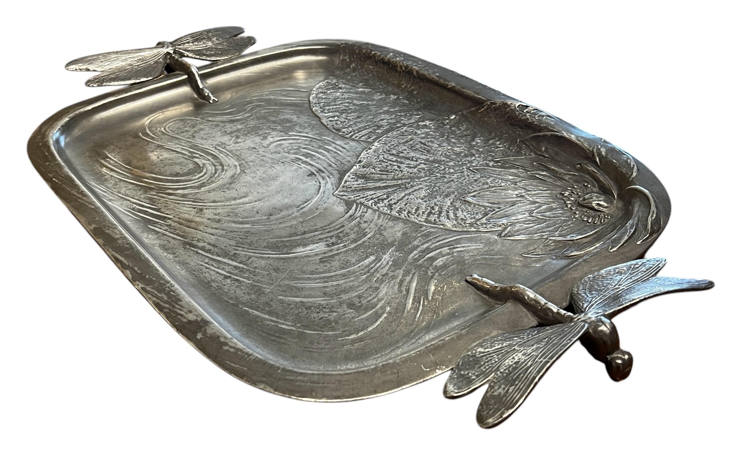 Early 20th Century Kayserzinn Art Nouveau Pewter Dragonfly Tray by Hugo Leven 1