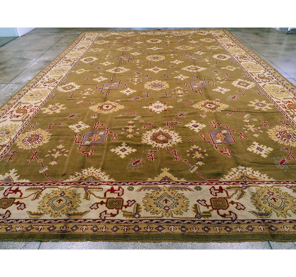 Early 20th Century Khaki Green Large Oversized Turkish Oushak Handmade Carpet In Good Condition For Sale In New York, NY