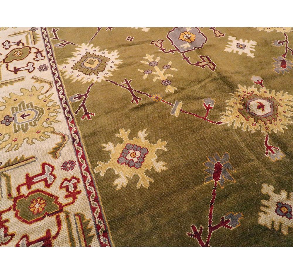 Wool Early 20th Century Khaki Green Large Oversized Turkish Oushak Handmade Carpet For Sale