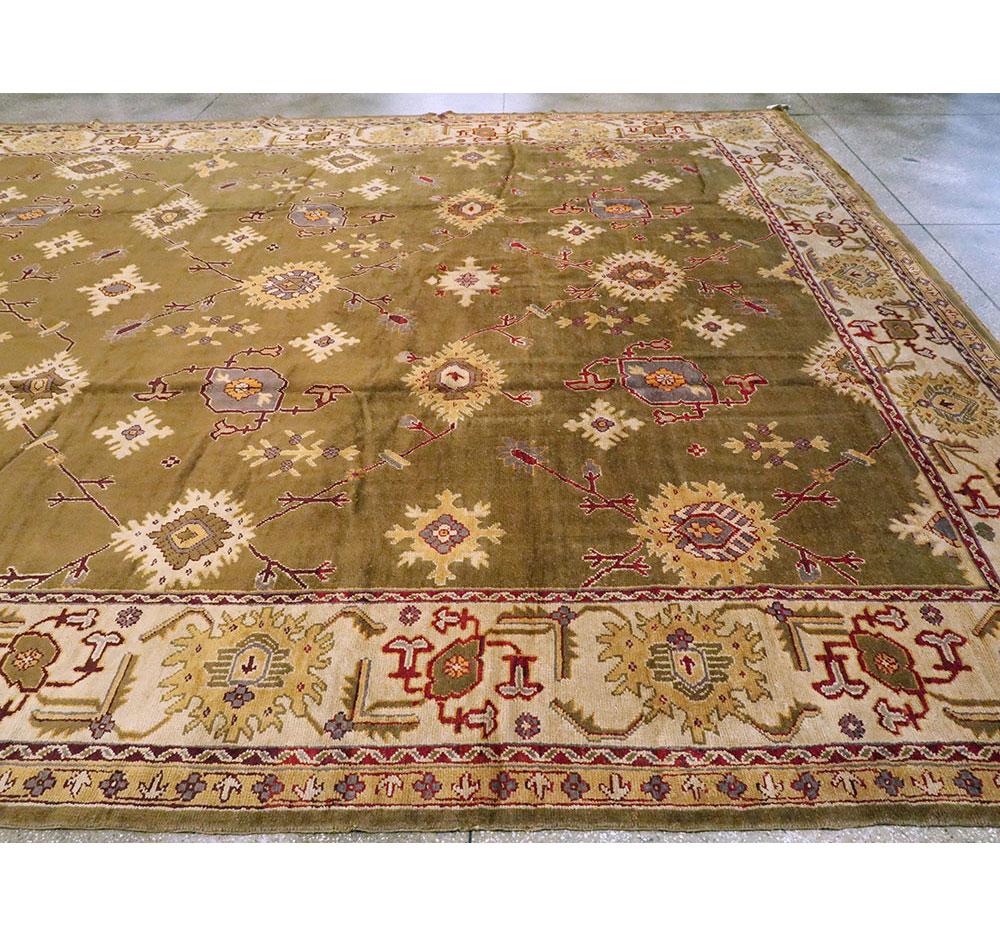 Early 20th Century Khaki Green Large Oversized Turkish Oushak Handmade Carpet For Sale 1