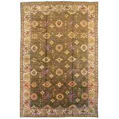 Early 20th Century Khaki Green Large Oversized Turkish Oushak Handmade Carpet