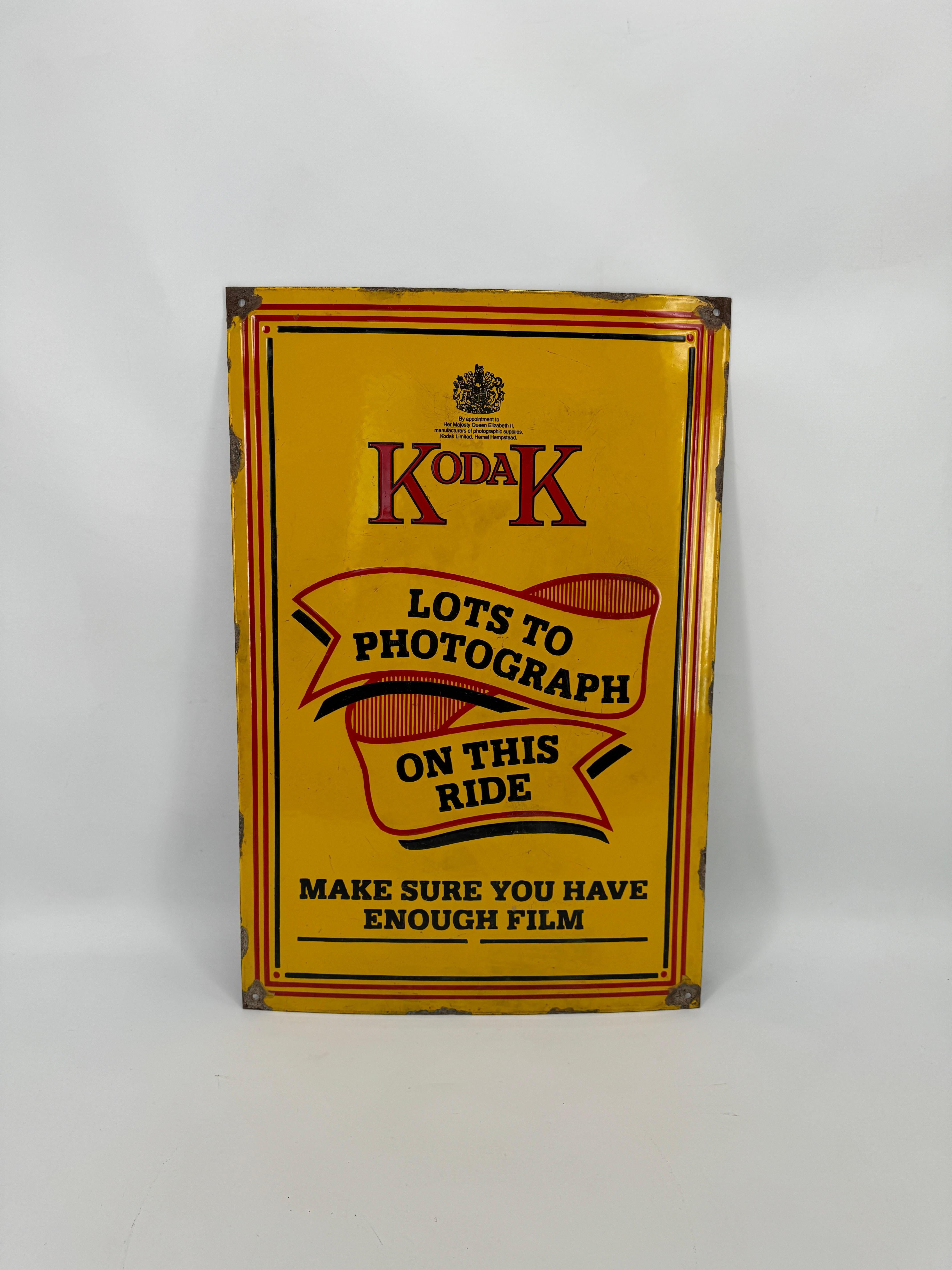 Mid-Century Modern Early 20th Century Kodak Advertising Enamel Sign, English, For Train Rides  For Sale