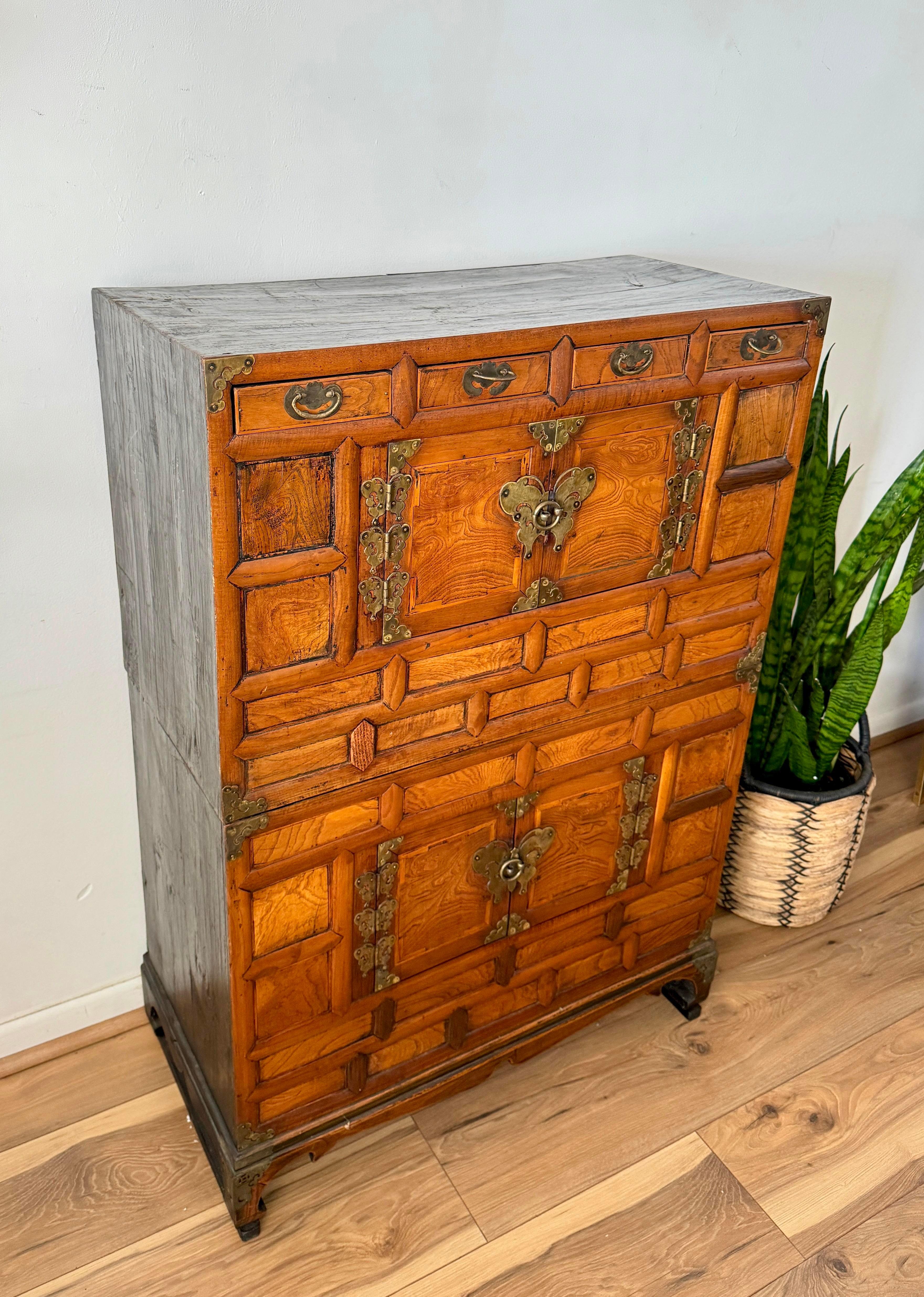 Japonisme Early 20th Century Korean Tansu Wedding Two Part Cabinet With Butterfly Hardware For Sale