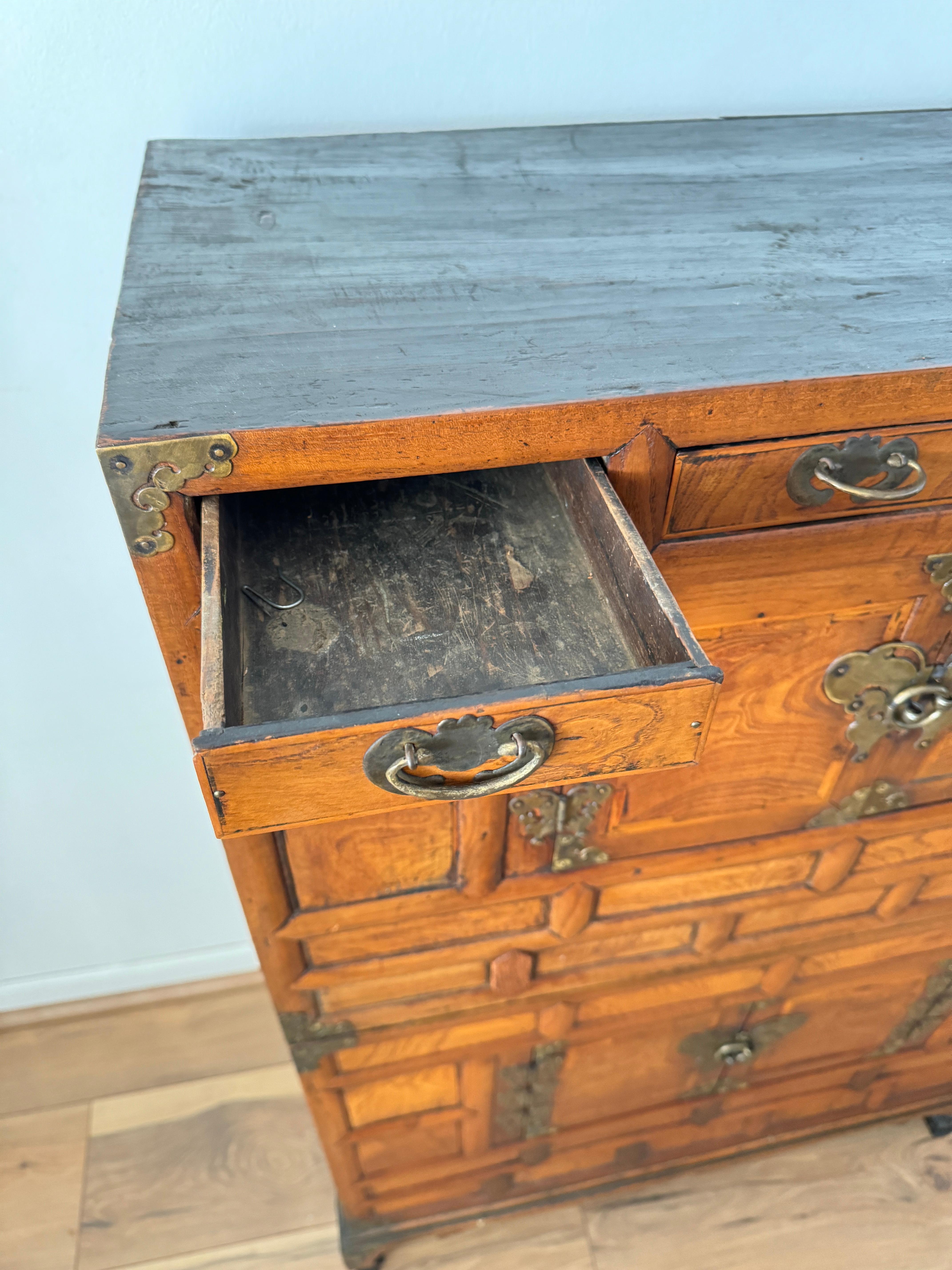 Wood Early 20th Century Korean Tansu Wedding Two Part Cabinet With Butterfly Hardware For Sale