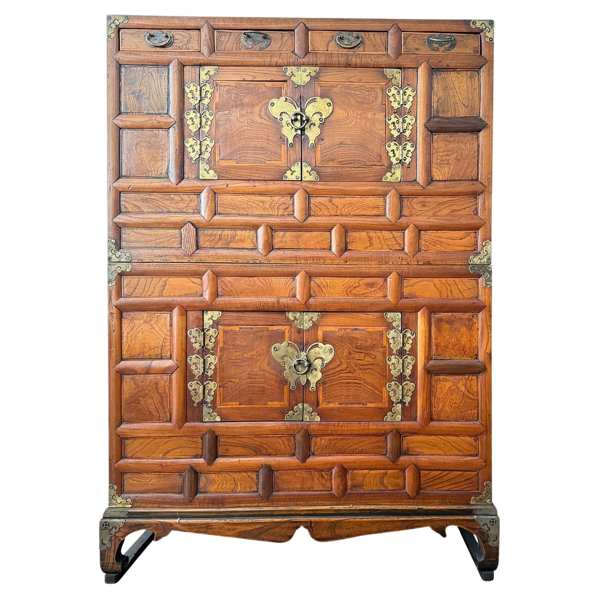 Early 20th Century Korean Tansu Wedding Two Part Cabinet With Butterfly Hardware